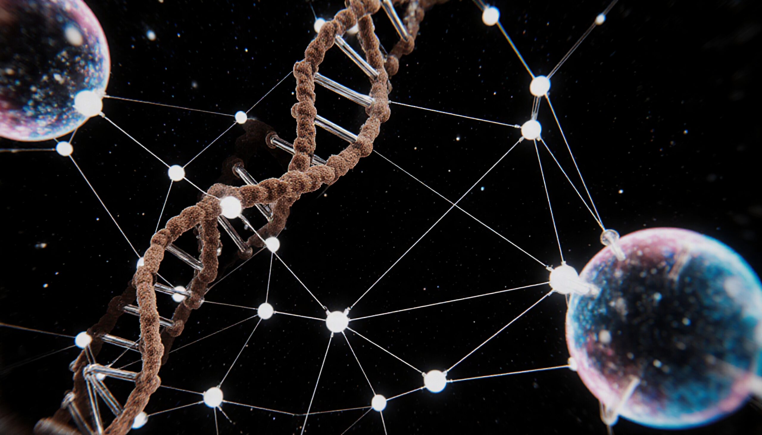 A DNA helix intertwined with a cosmic digital network against a starry background, illustrating the connection between biology and technology.