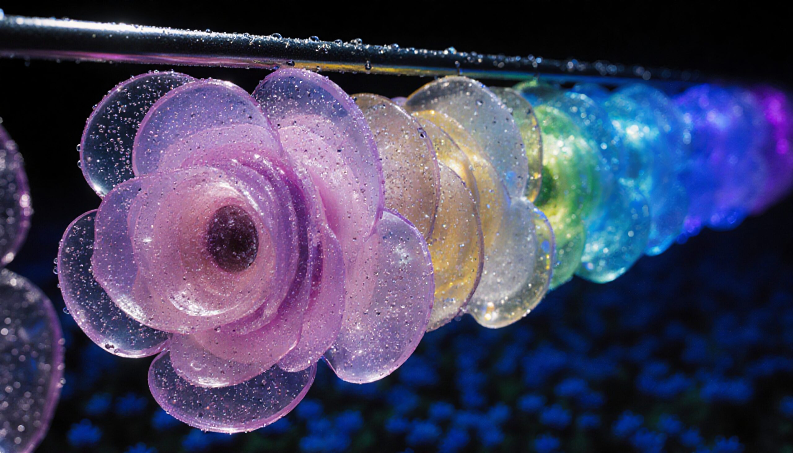 Translucent multicolored flowers glistening with water droplets.