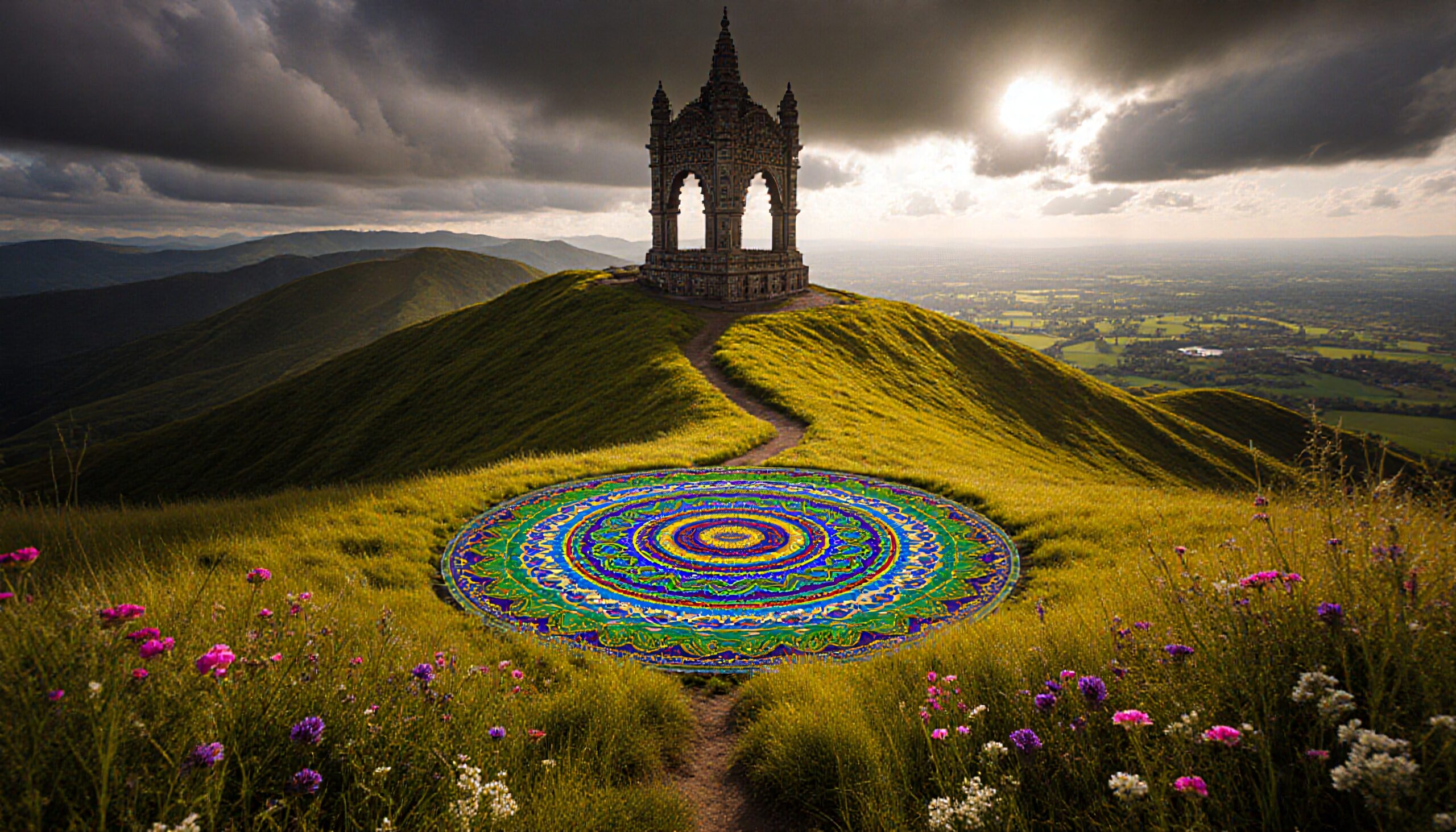 Majestic hilltop structure with mandala pattern and wildflowers in atmospheric landscape.