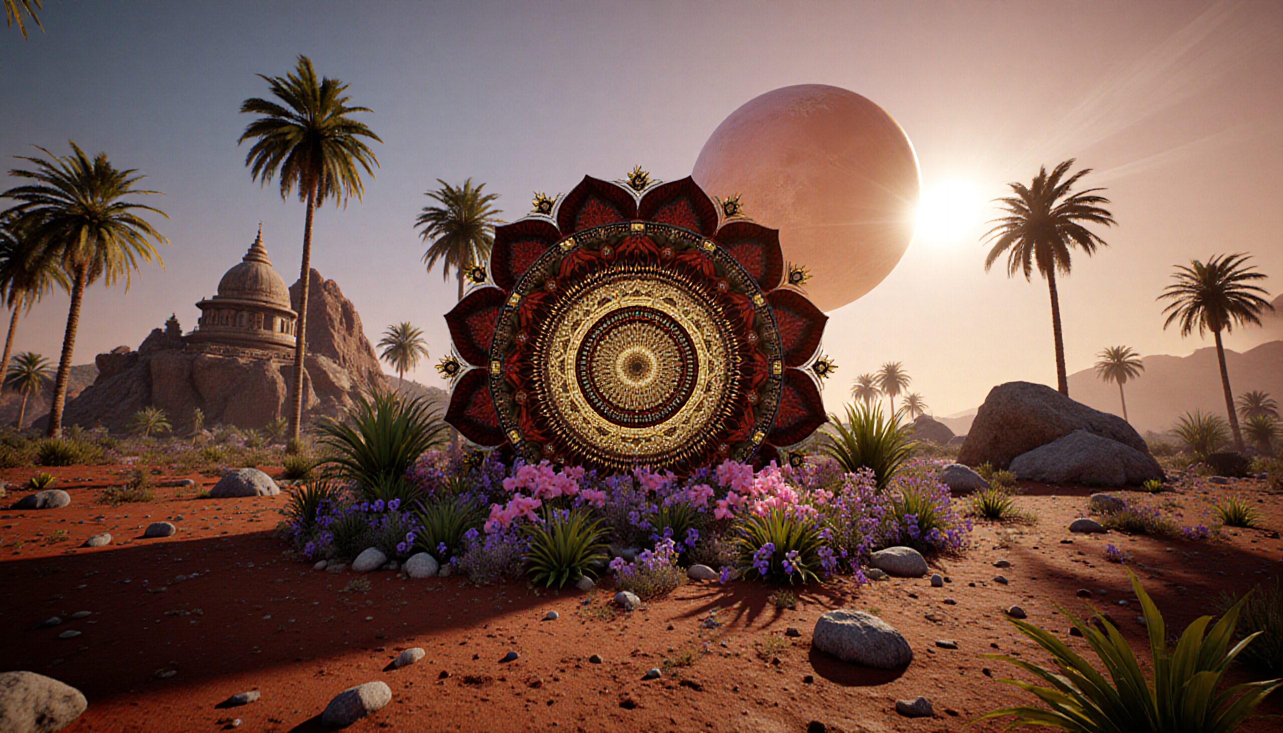 A colorful mandala with flowers and a desert temple under a sunset sky with a planet.