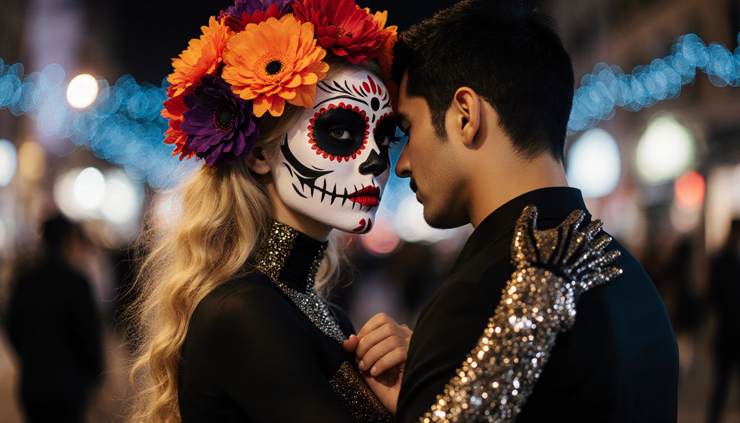 Day of the Dead themed couple with intricate face paint and floral headpiece at night.