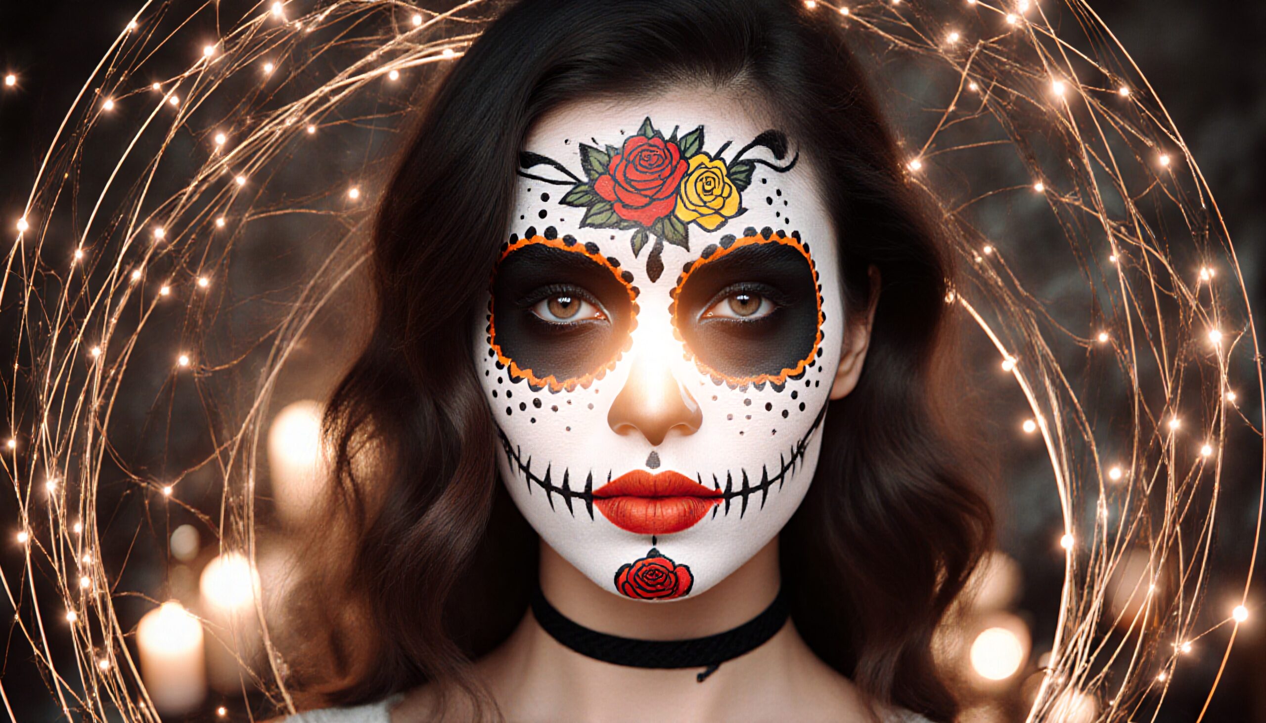 A woman with Day of the Dead makeup, highlighted by glowing lights and artful details, exudes vibrant festive charm.