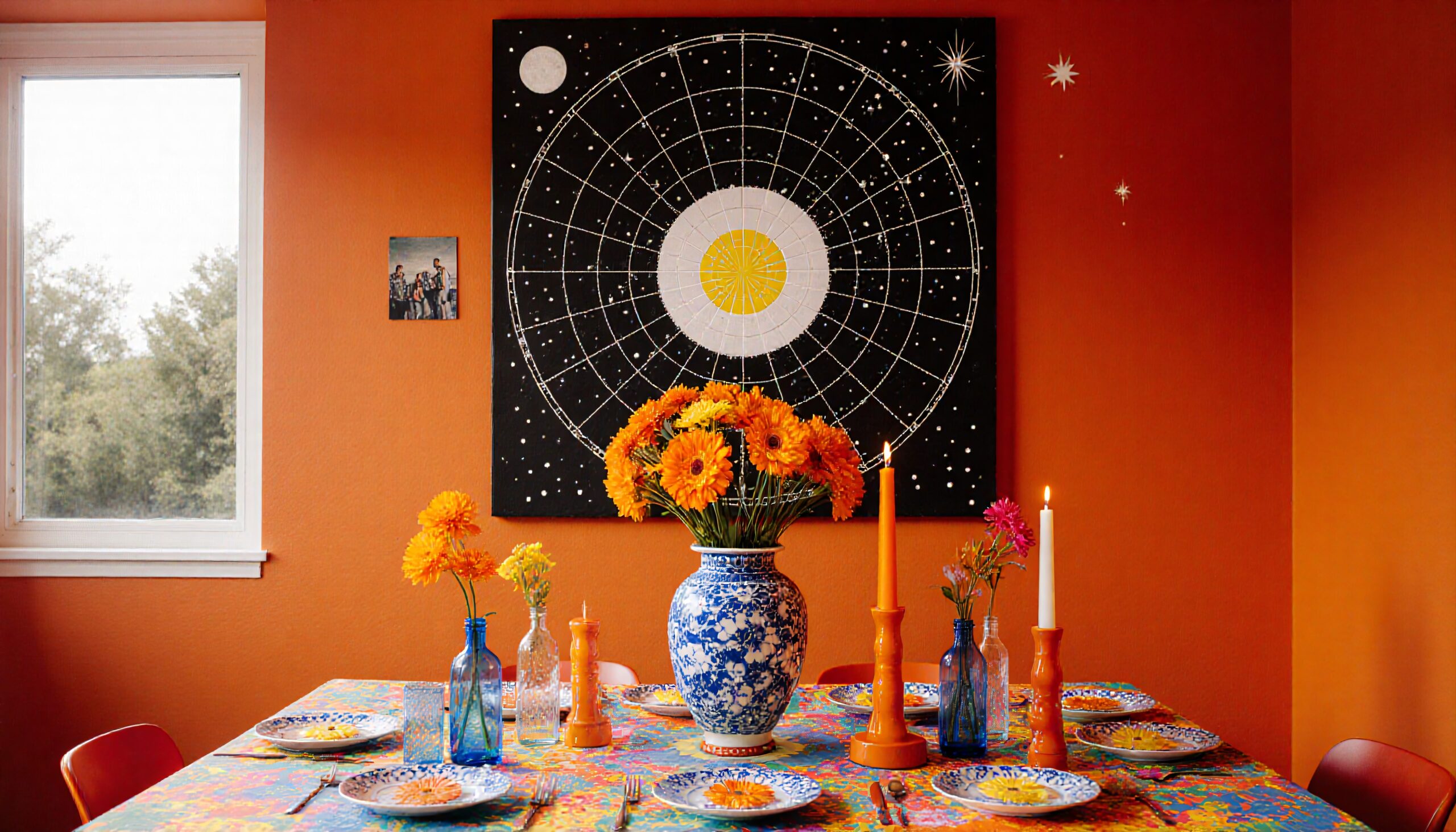 A vibrant dining room with celestial-themed decor, featuring orange walls, floral centerpiece, and candlelit table setting.