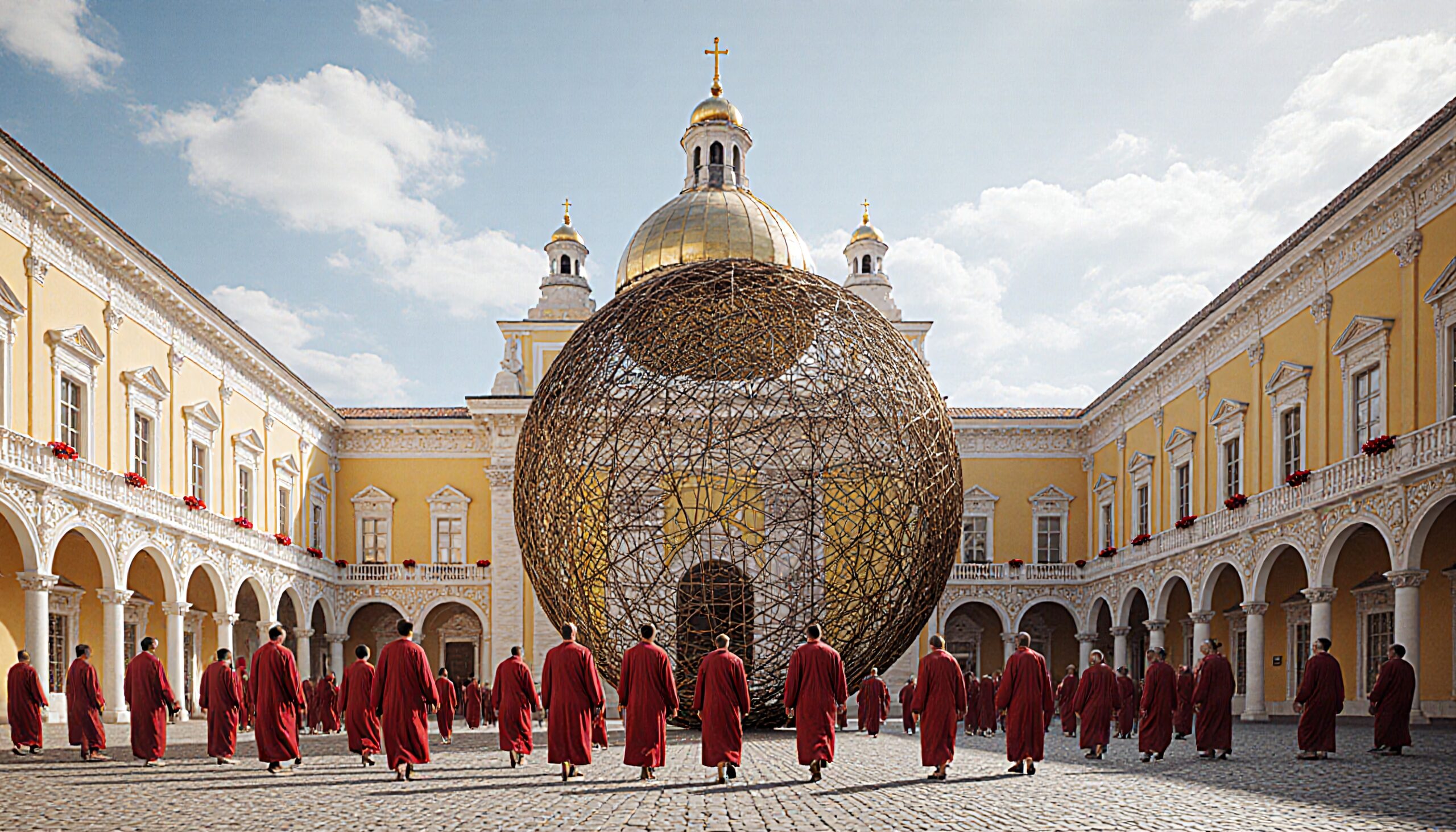 Monks in red robes surround a giant woven sphere in a historical courtyard with ornate yellow architecture and domed buildings under a clear sky.
