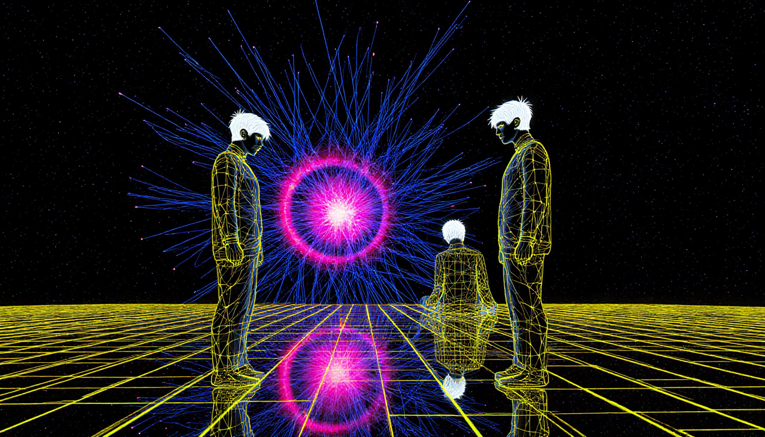 Three neon figures, cosmic grid, vibrant energy sphere, digital futuristic scene, sci-fi art.