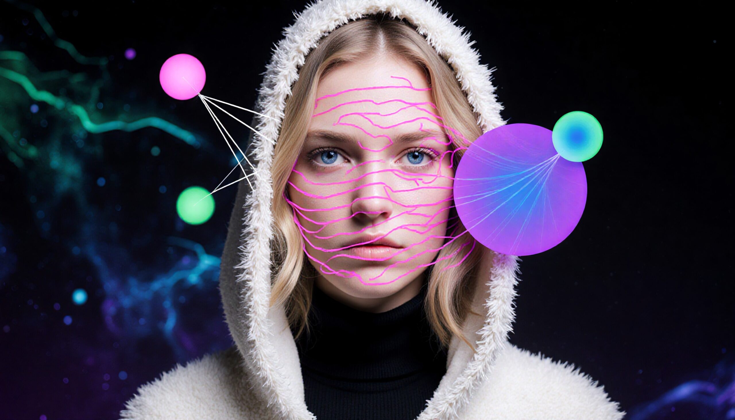 A woman in a hooded jacket with digital pink lines on her face, surrounded by colorful spheres, against a cosmic background.