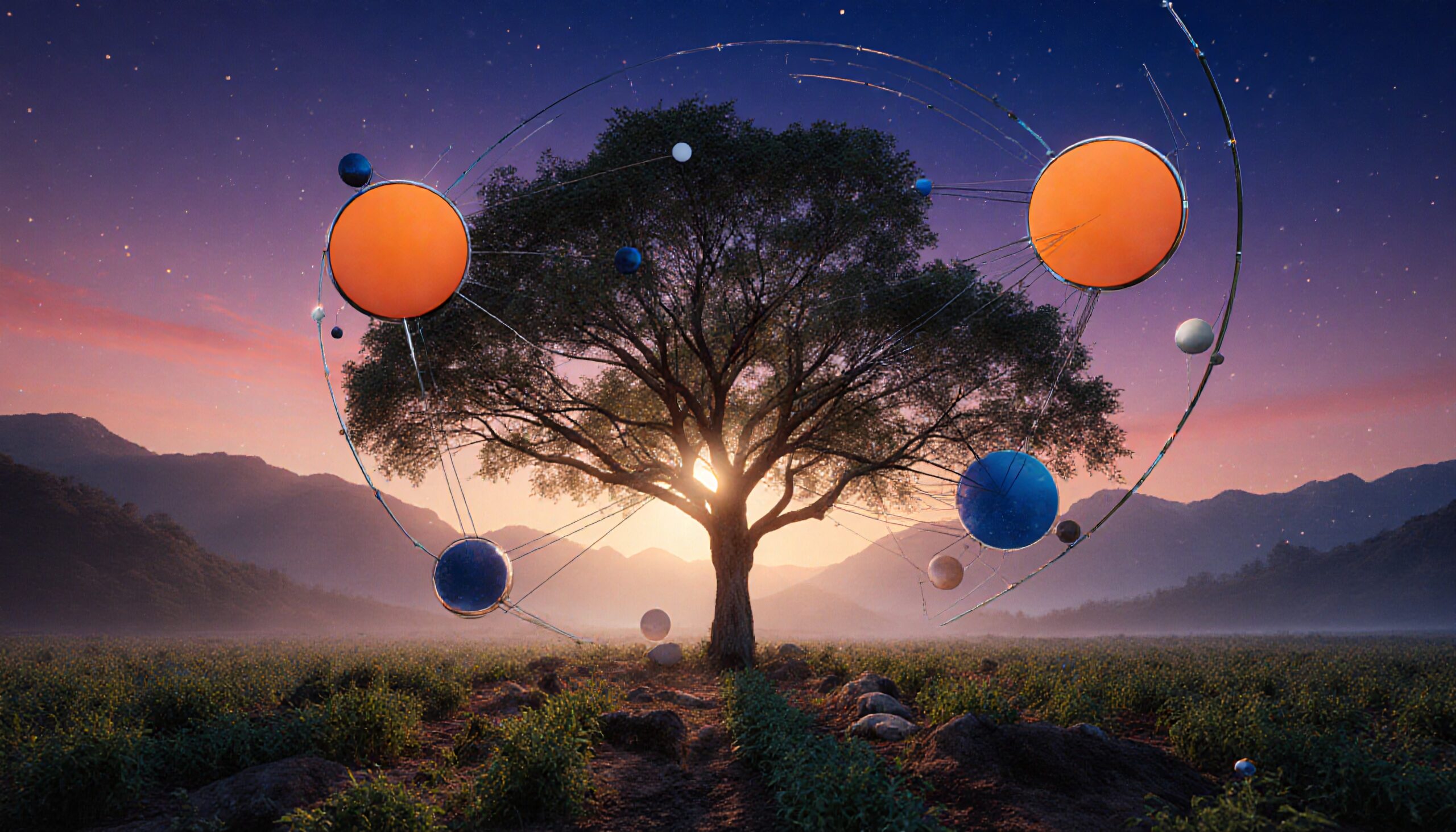 A solitary tree surrounded by cosmic spheres and lines at sunrise or sunset.