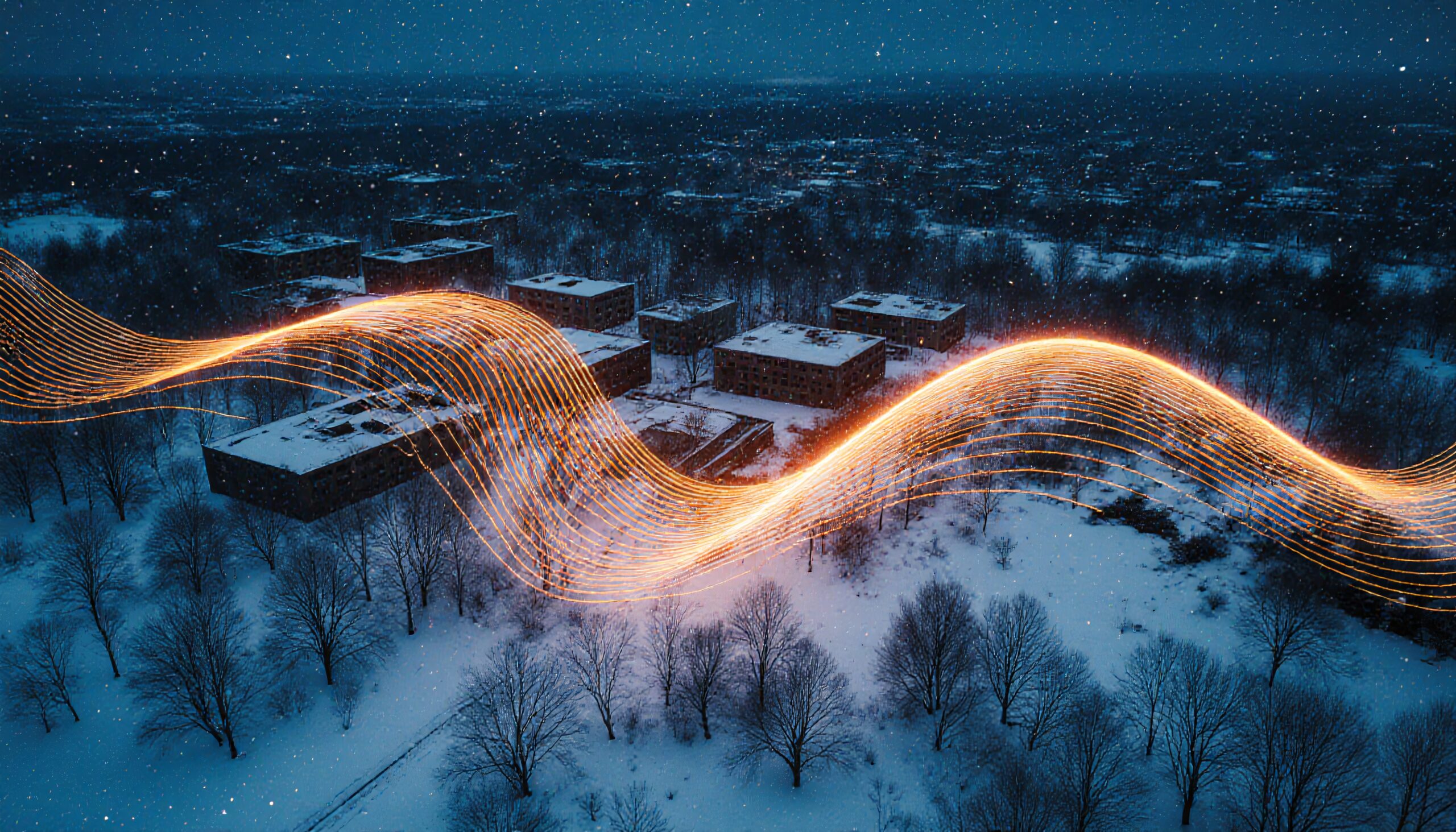A snowy urban landscape with buildings and a glowing orange light wave across the sky.