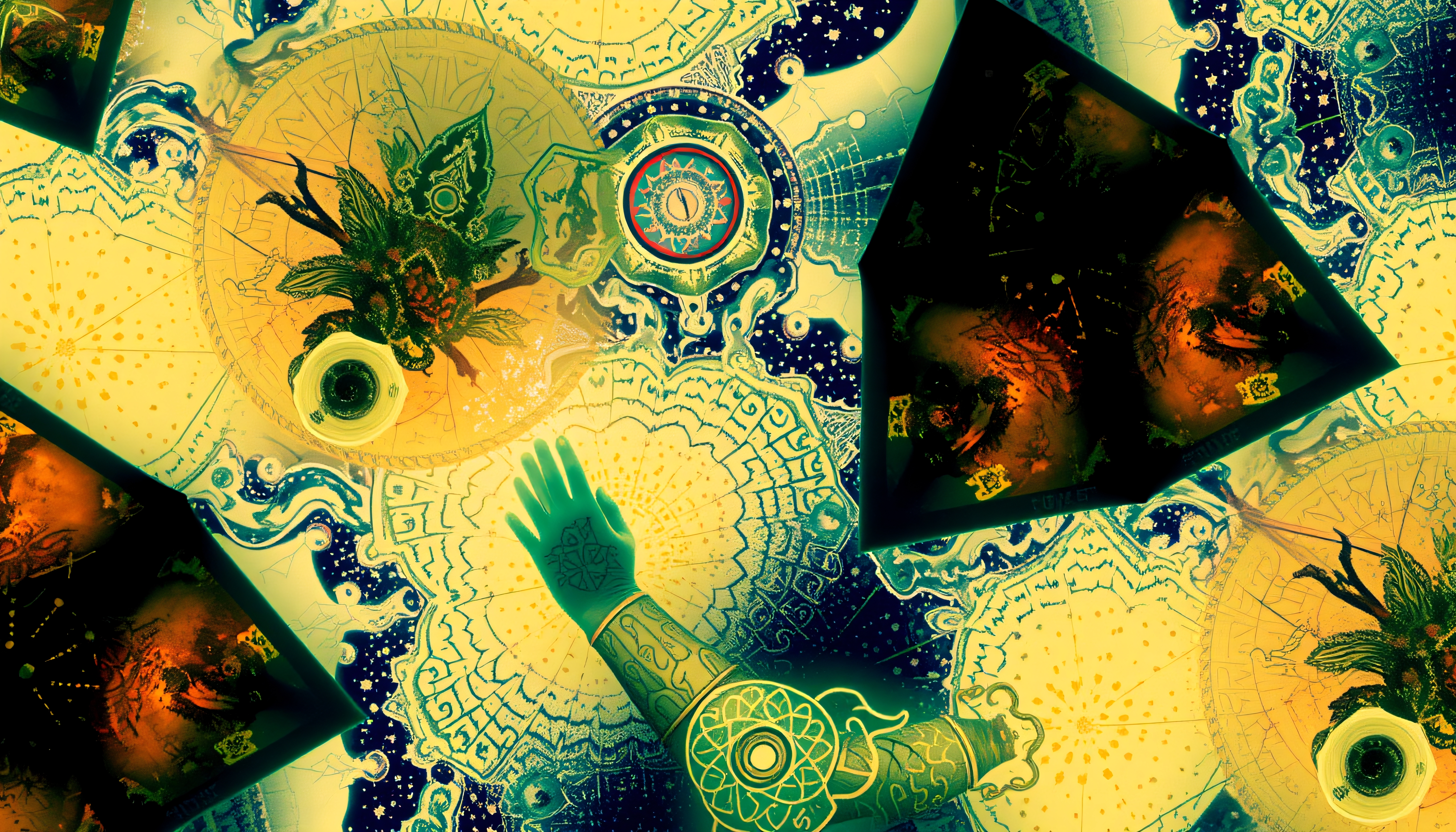 Surreal artwork combining cosmic elements with geometric patterns and botanical motifs.
