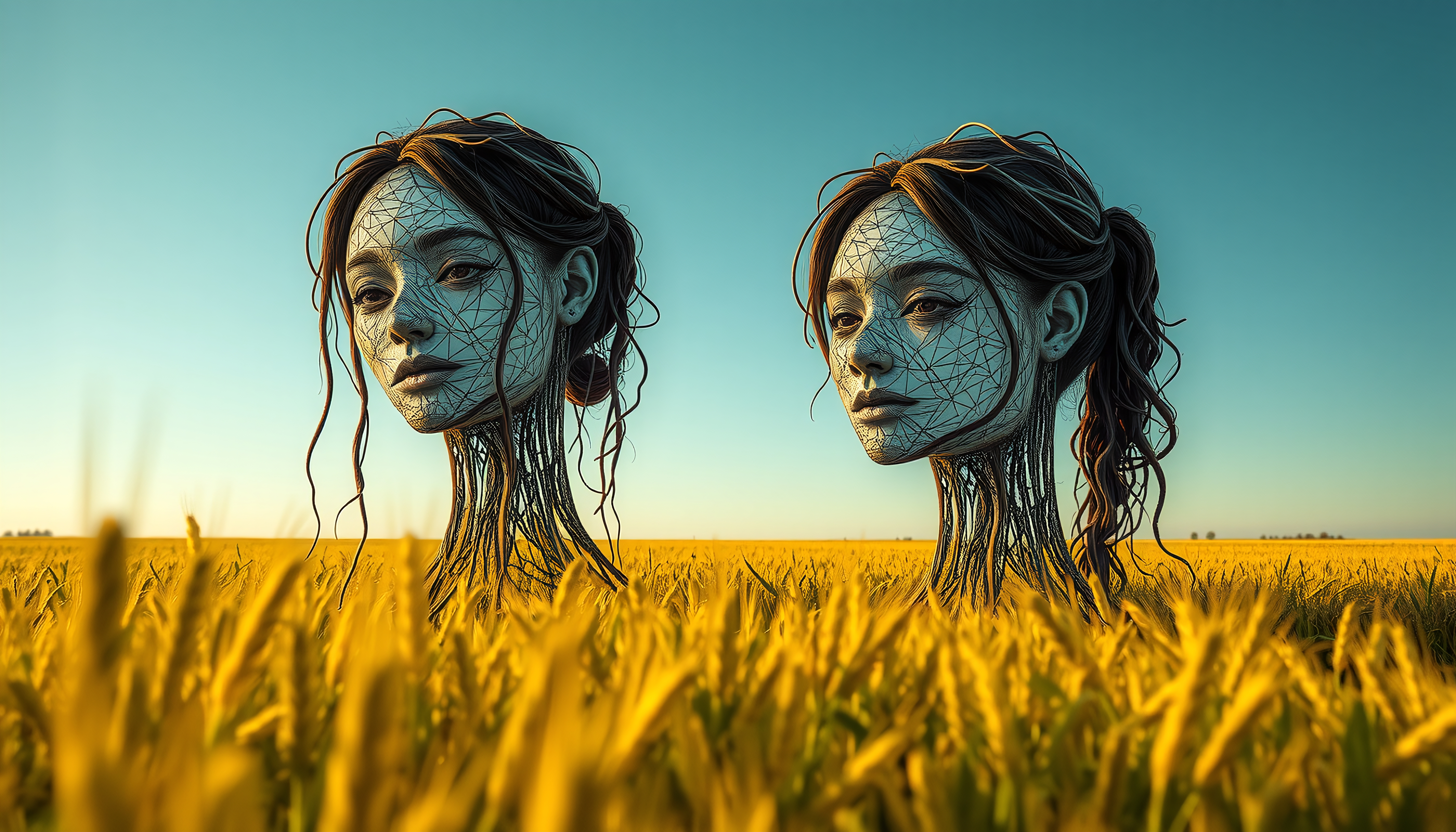 Surrealistic female heads in a golden wheat field under a blue sky.