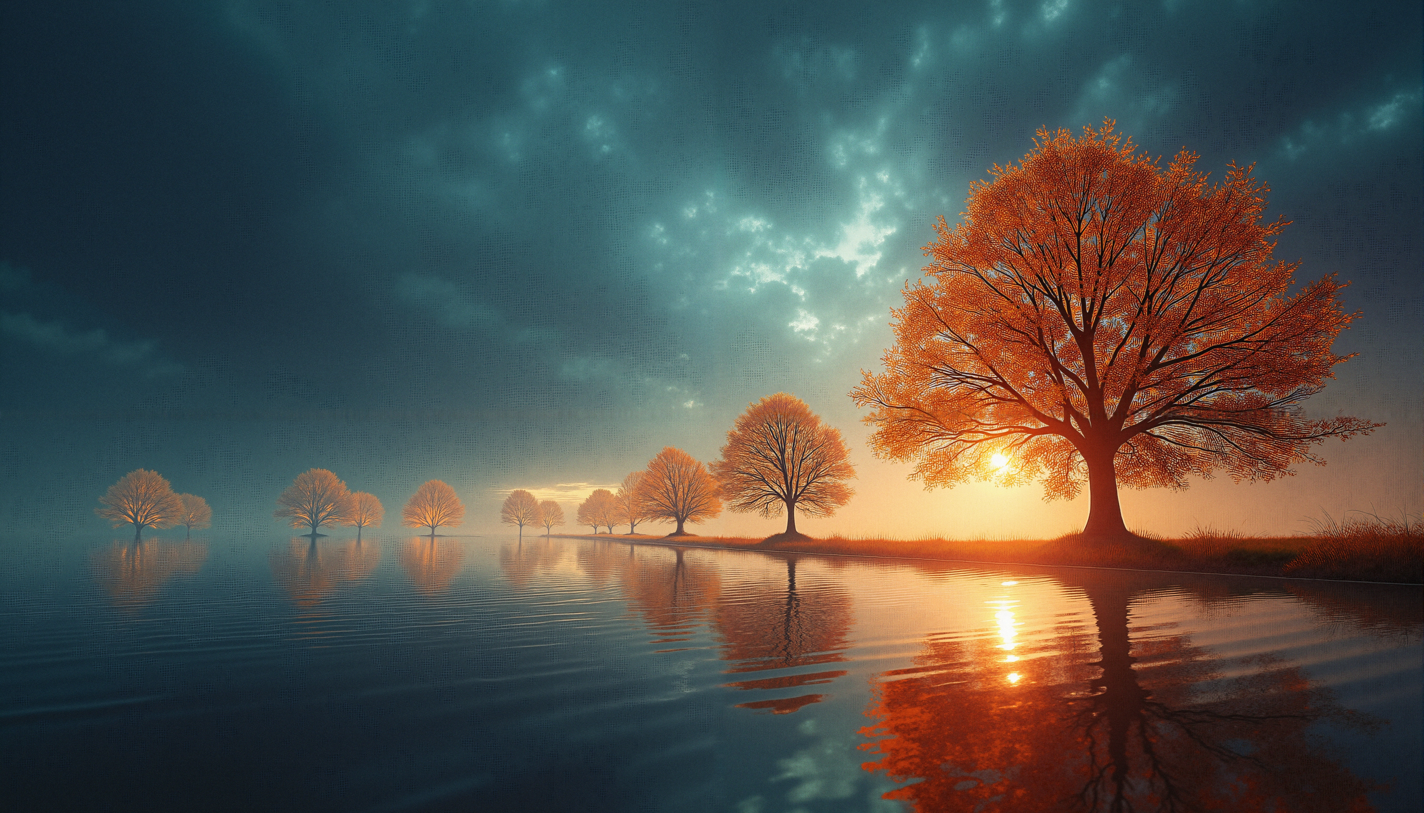 A row of vibrant orange trees reflected in calm water under a dramatic blue sky at sunset.