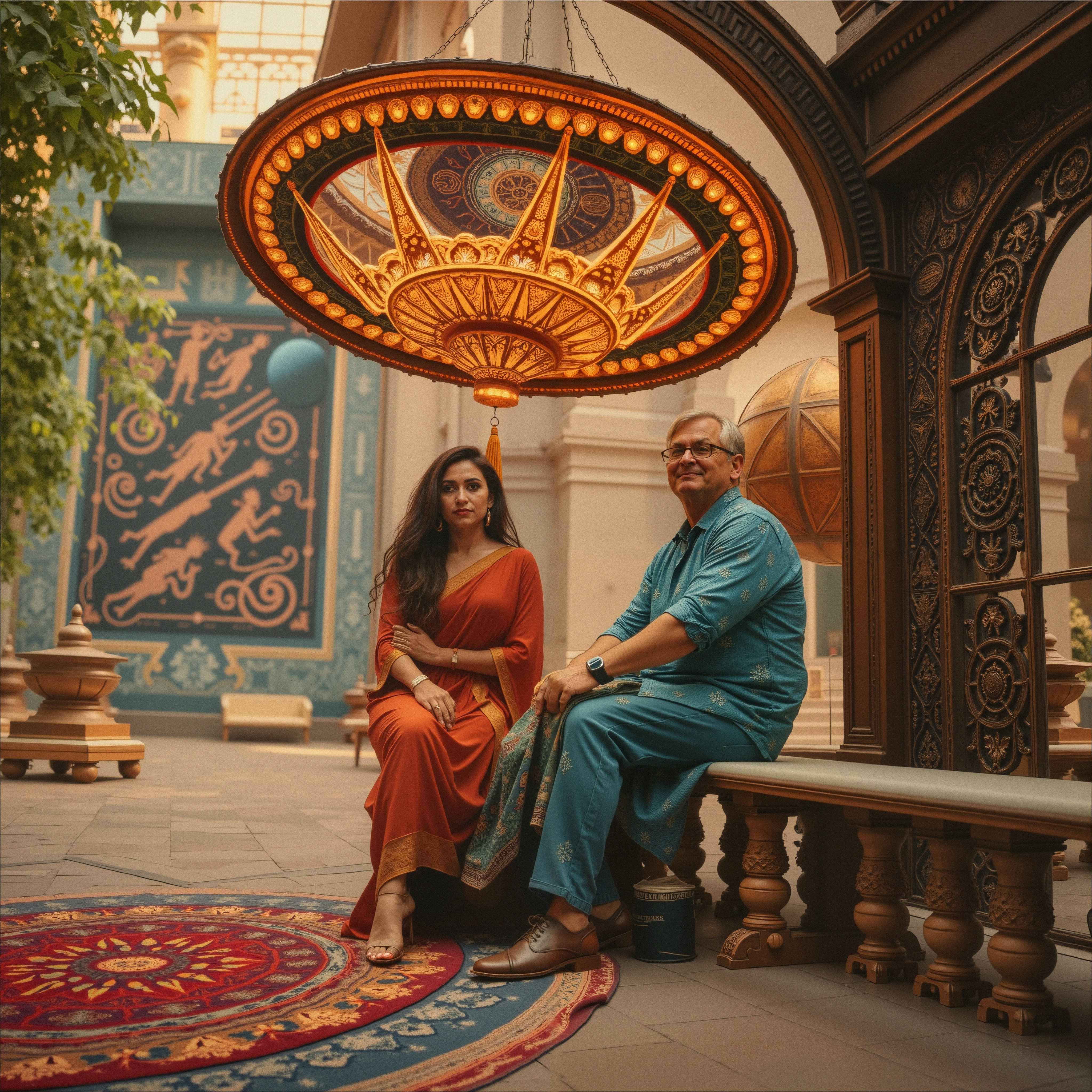 A couple in vibrant traditional attire sits beneath a golden chandelier in an elegantly decorated room.
