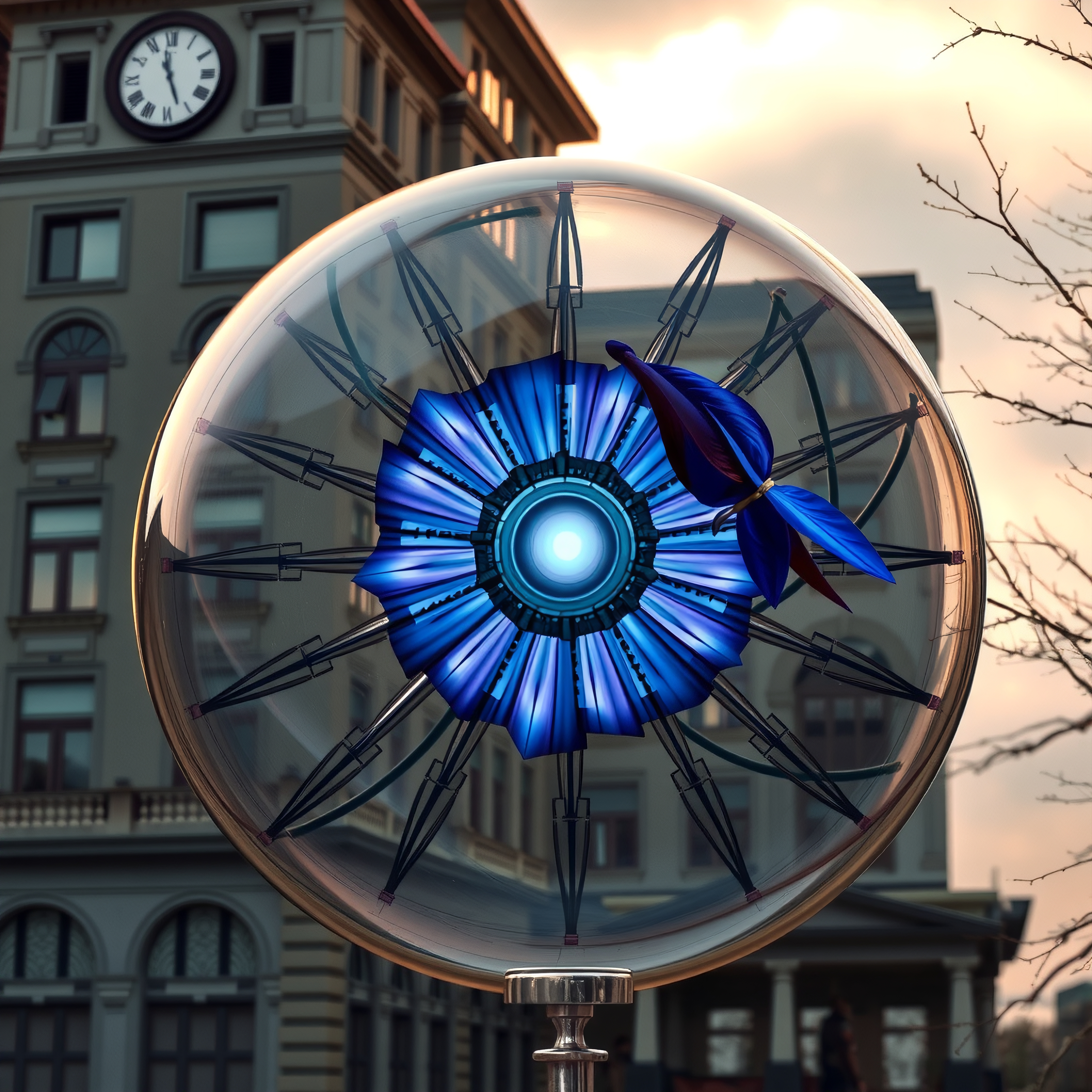 A futuristic blue flower sculpture in a glass sphere set against a city building facade at sunset.