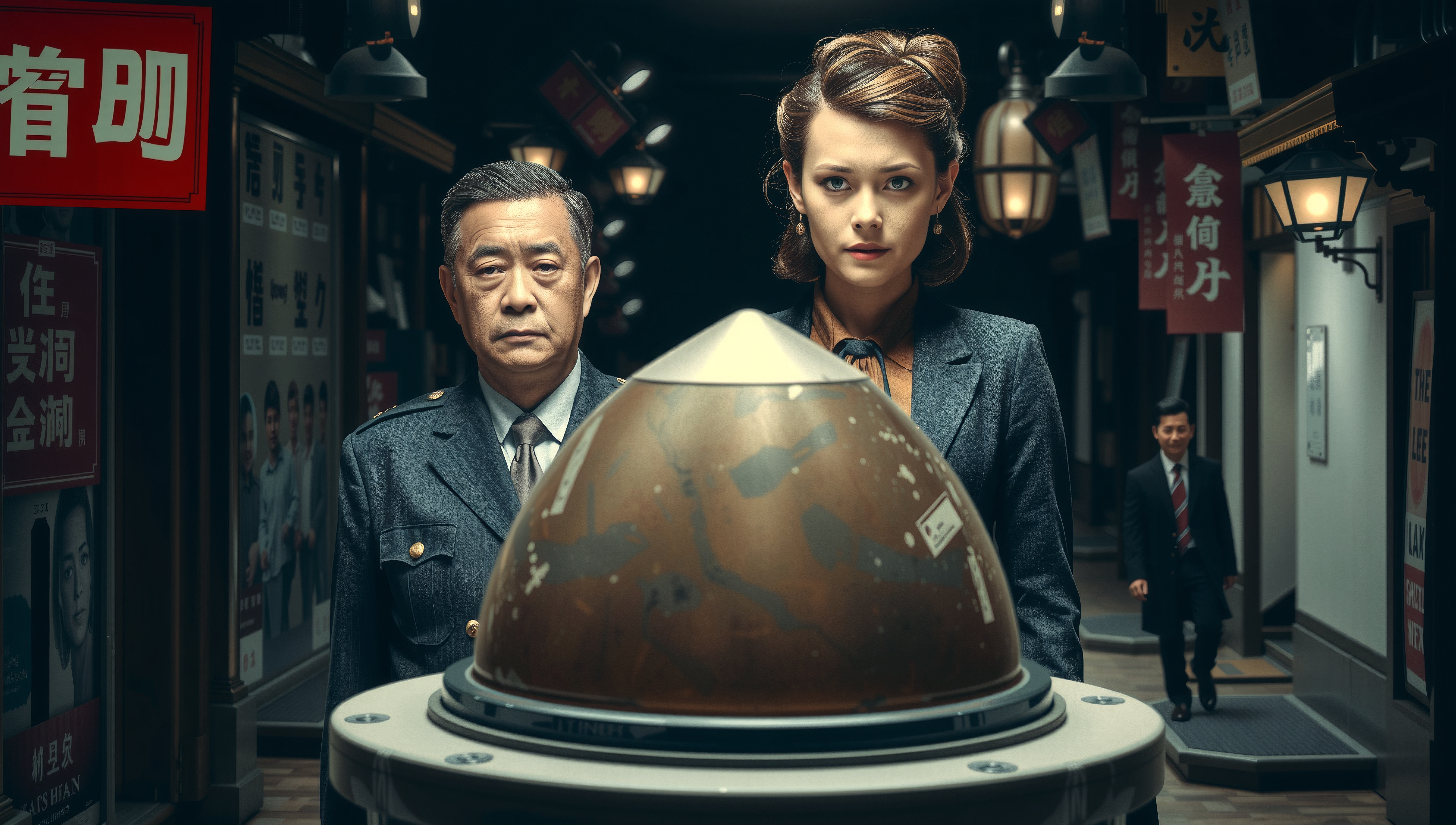 A formal man and woman stand by a conical object in a hall with Chinese signs.
