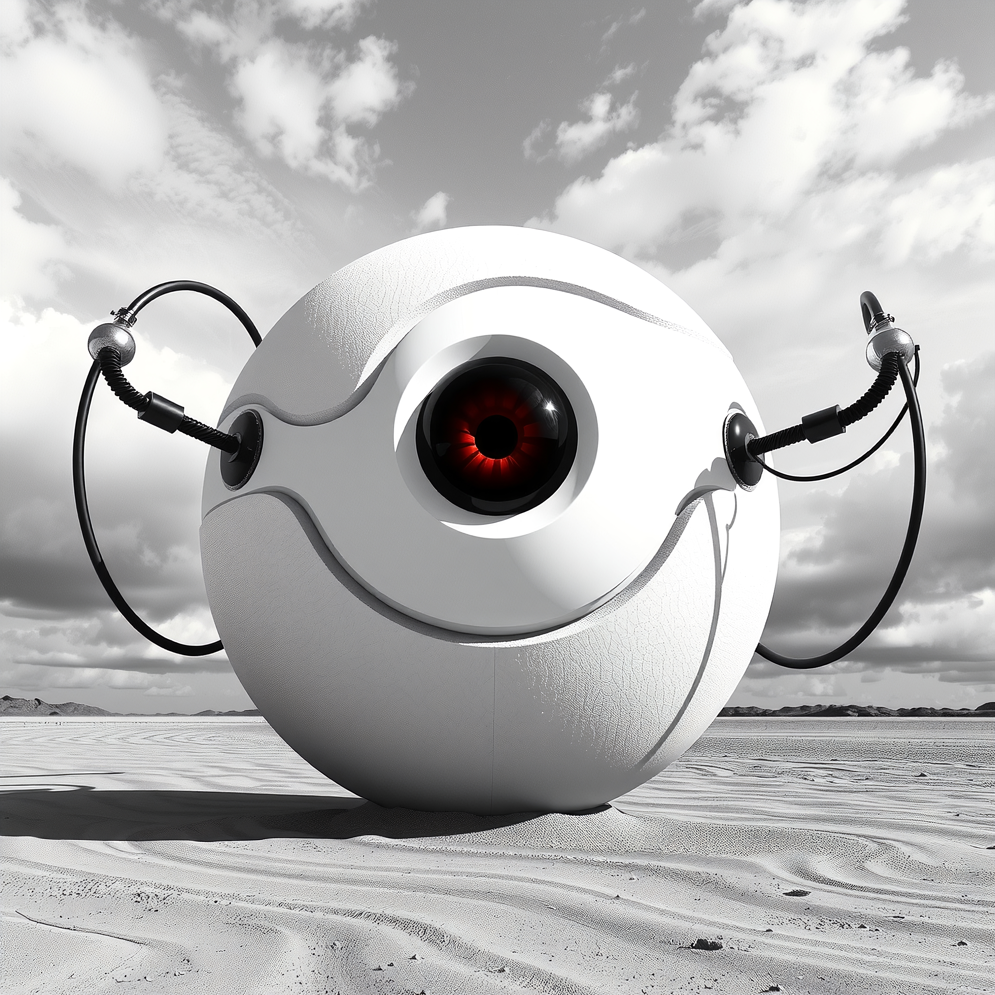 Spherical robot with red eye in a desert, highlighting advanced technology amidst nature.