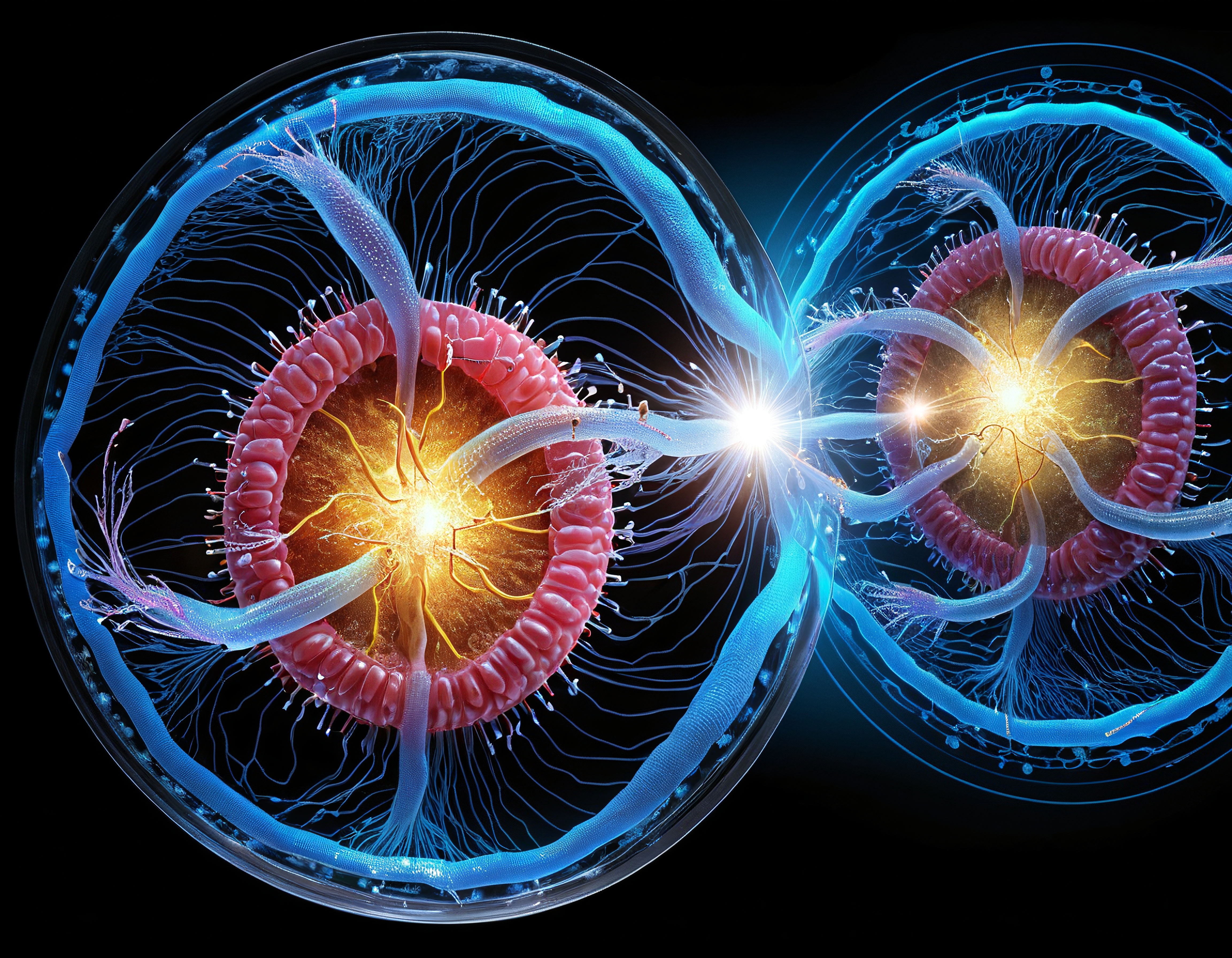 A digital depiction of two interconnected, glowing neuron-like structures with vivid colors and intricate details.