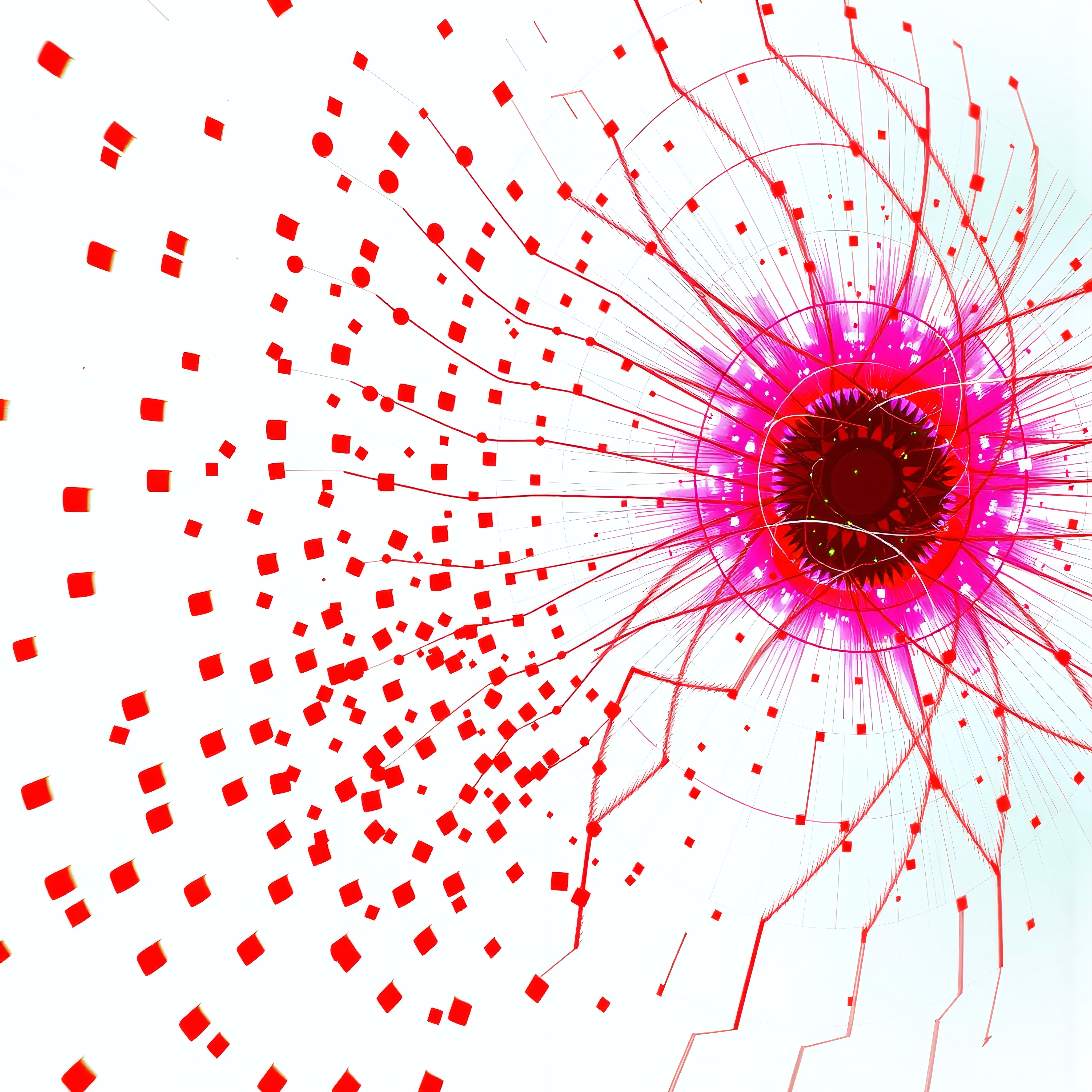 Abstract digital artwork featuring a vibrant explosion of red and pink geometric shapes with radiating lines on a white background.