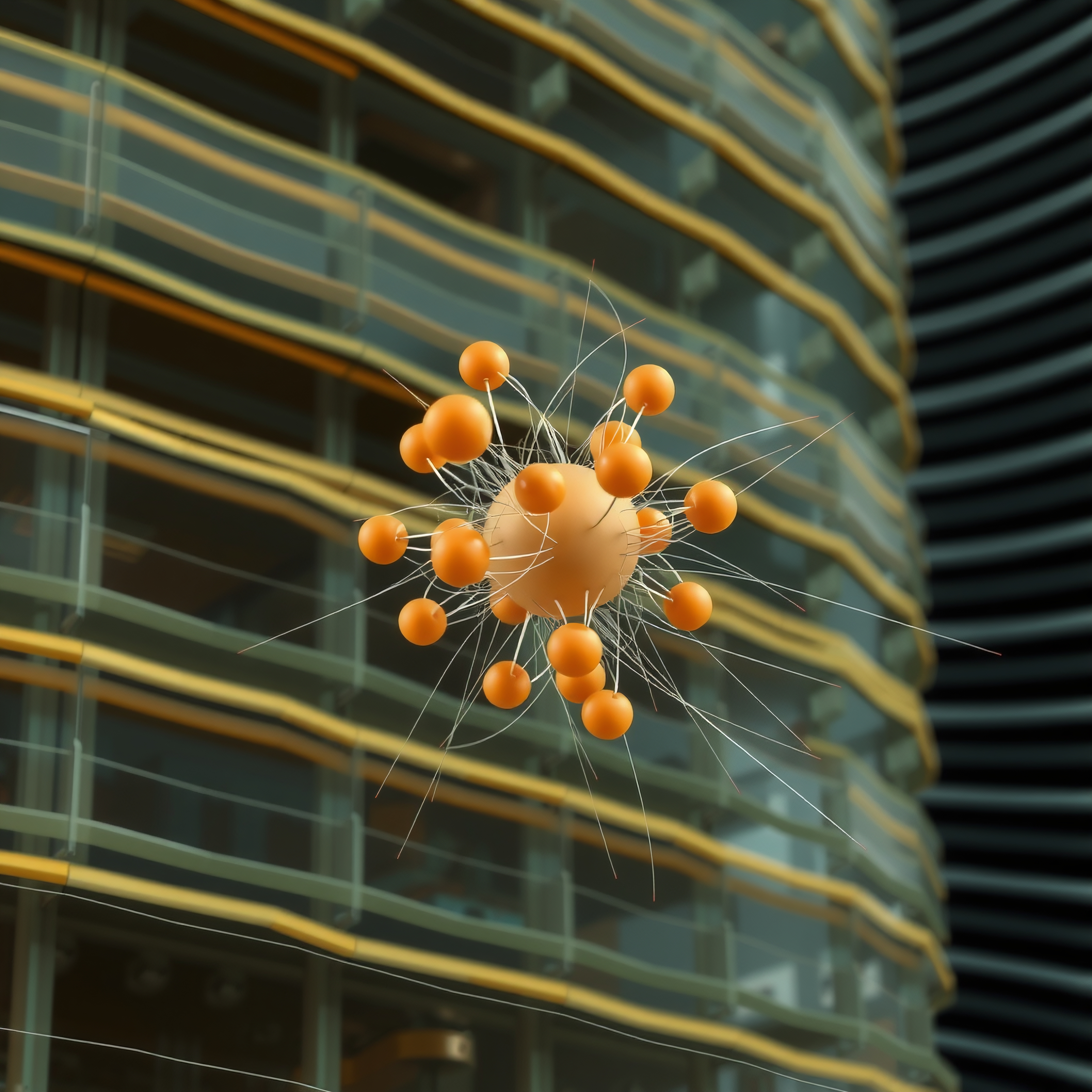 An abstract orange molecular sculpture set against modern building architecture with glass windows.