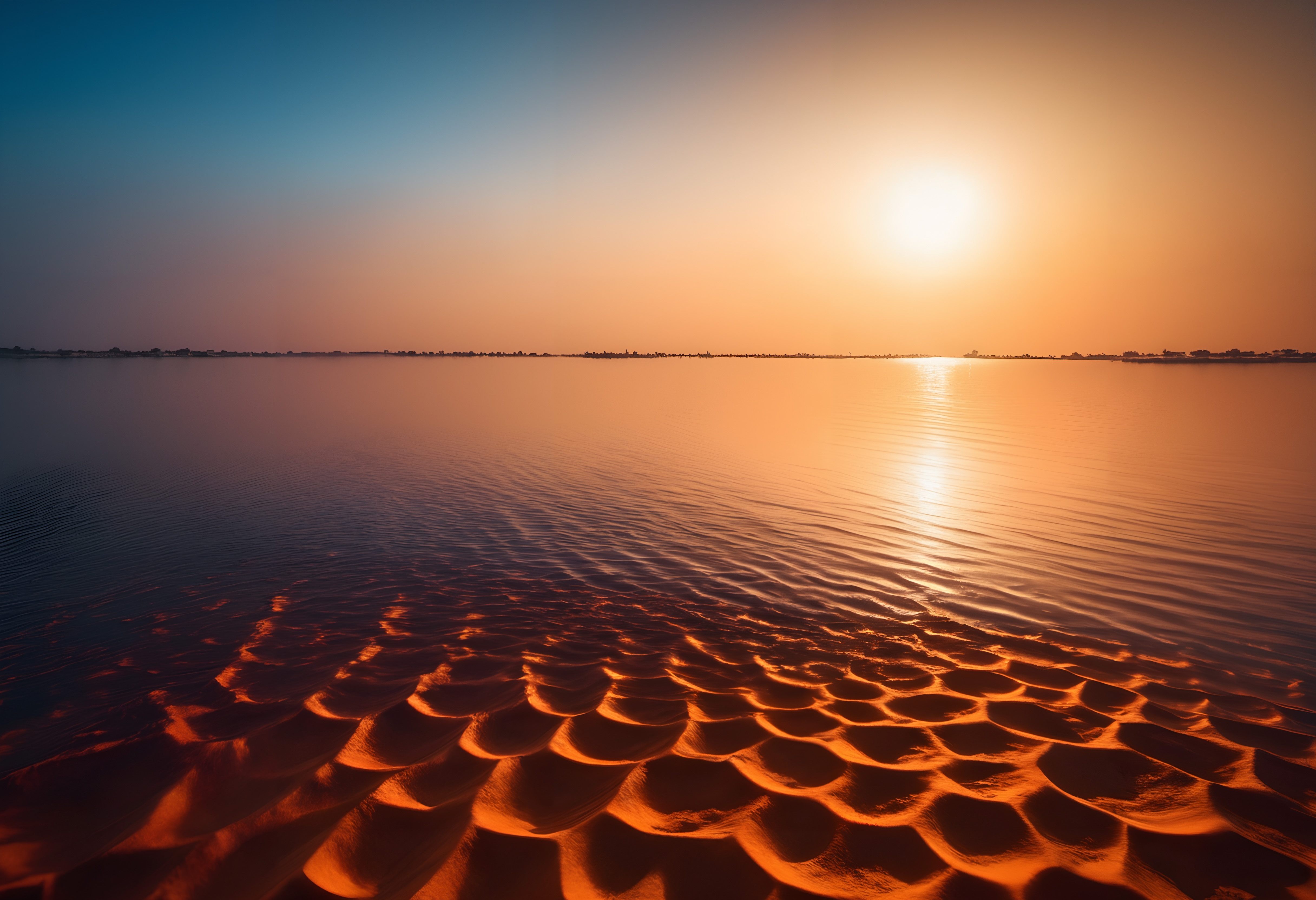 A tranquil sunset casts a golden glow over calm waters with intricate sand patterns in the foreground.