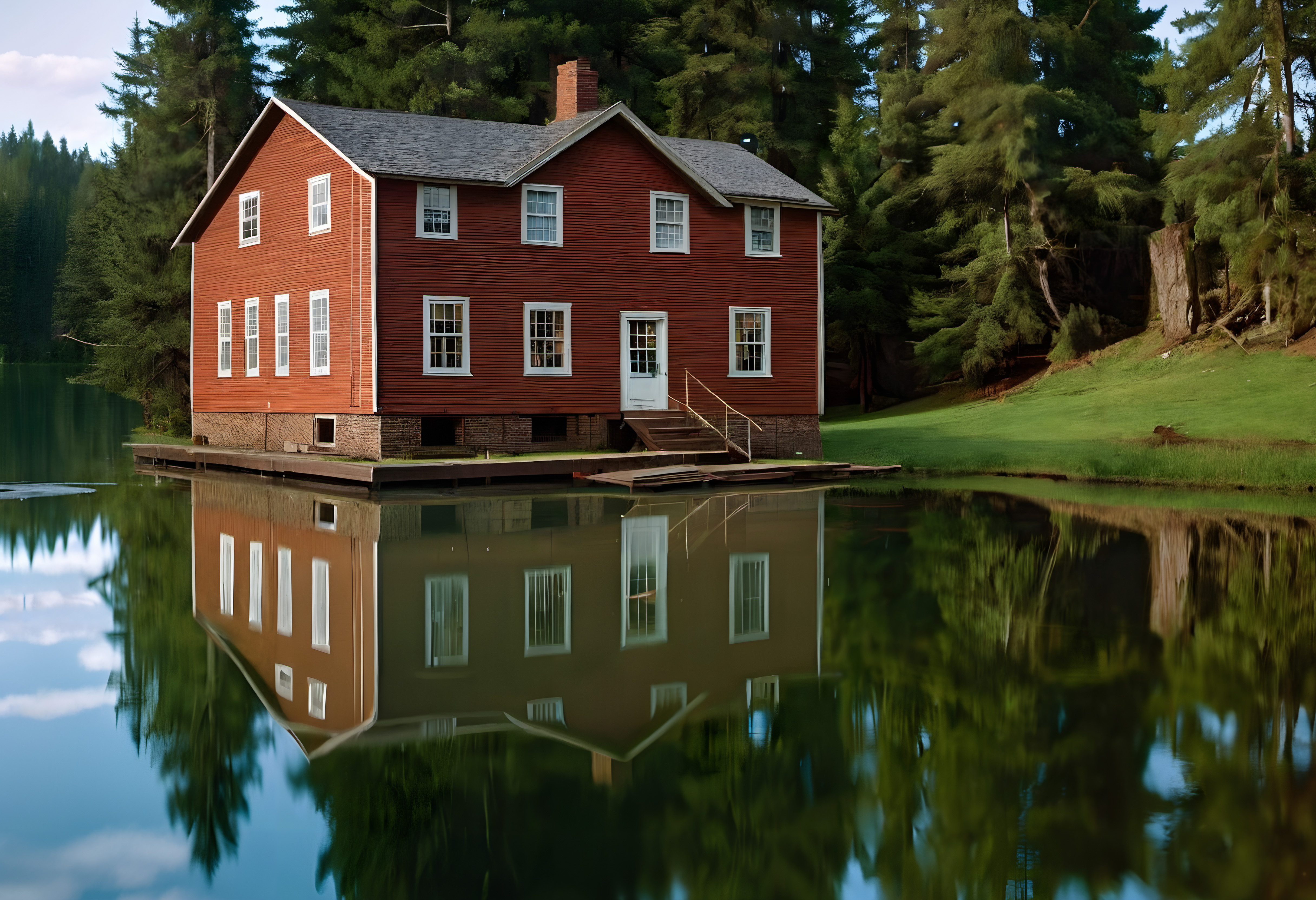 A rustic red house by a lake with reflections in still water surrounded by forest.