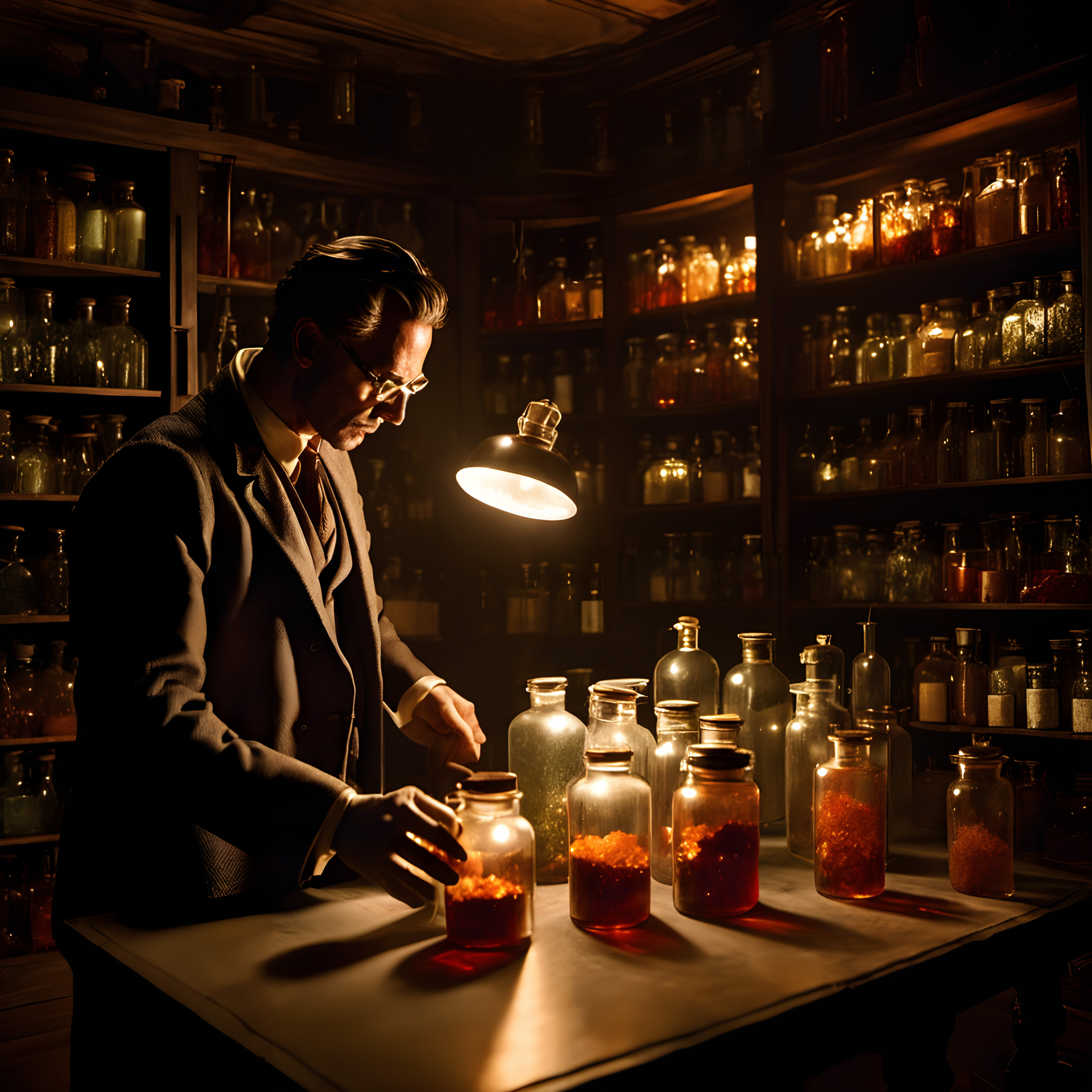 A man examines bottles in a dimly lit apothecary with vintage charm.