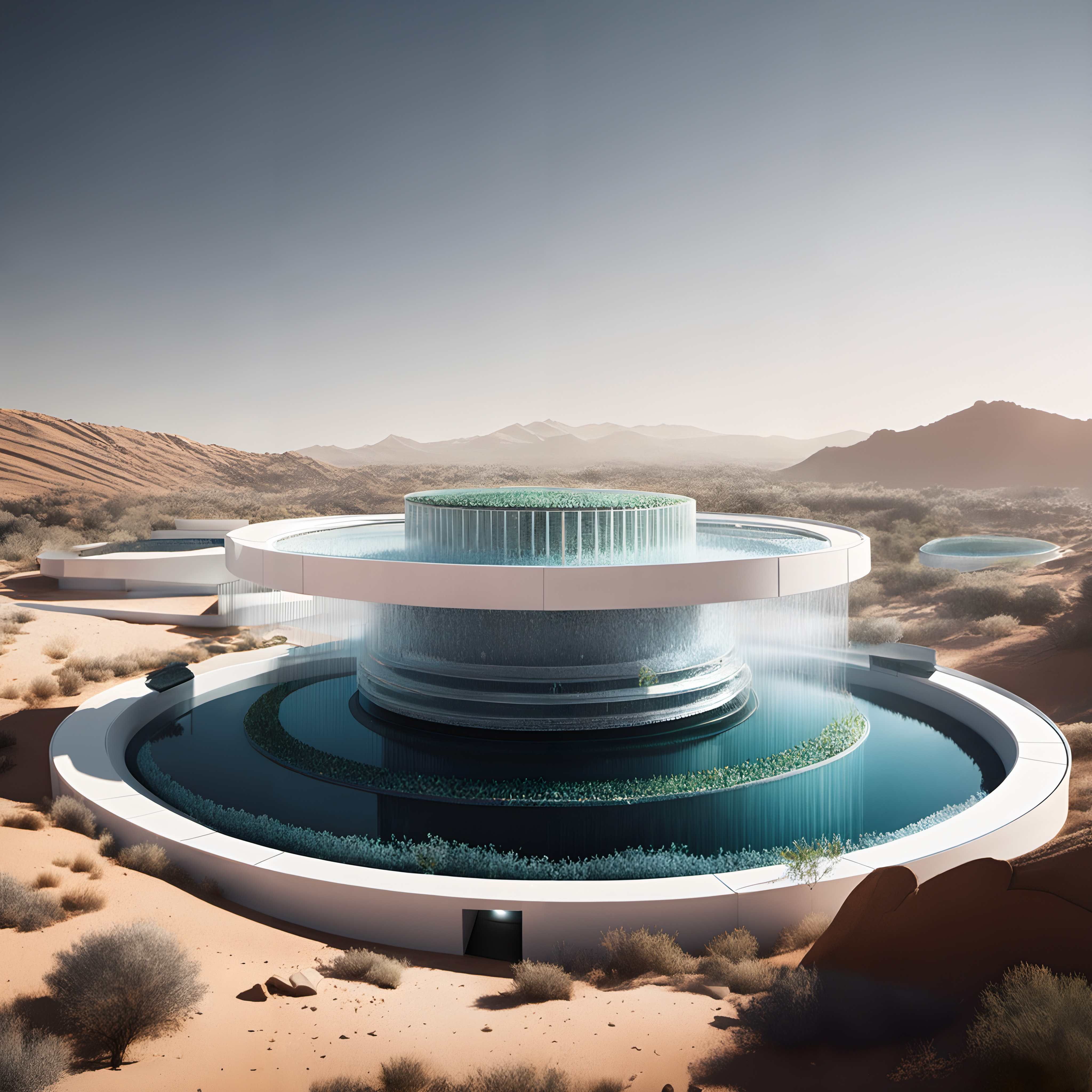 Innovative architectural structure in a desert landscape with cascading water elements and circular design.