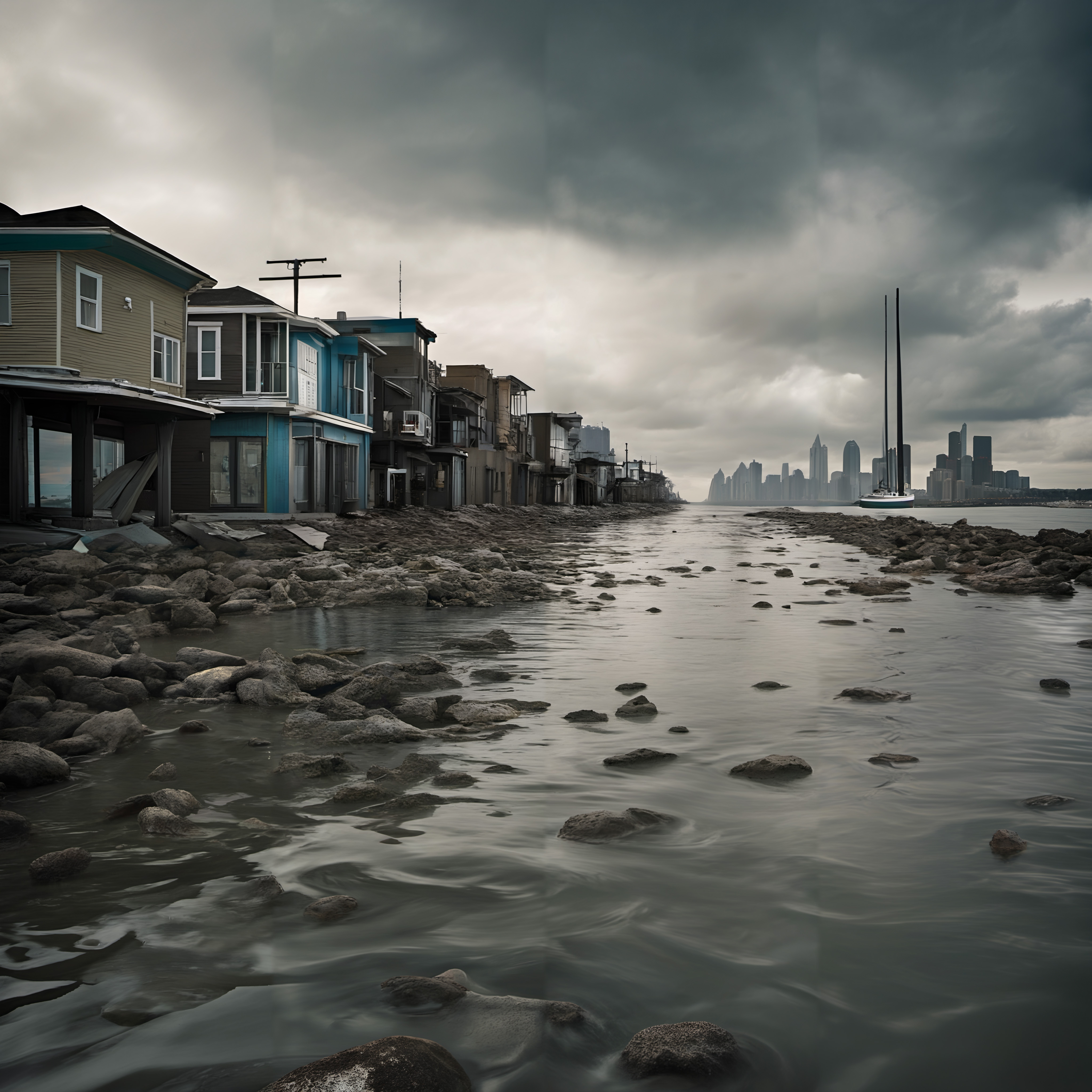 View of shoreline houses with cityscape and dramatic clouds in the background.