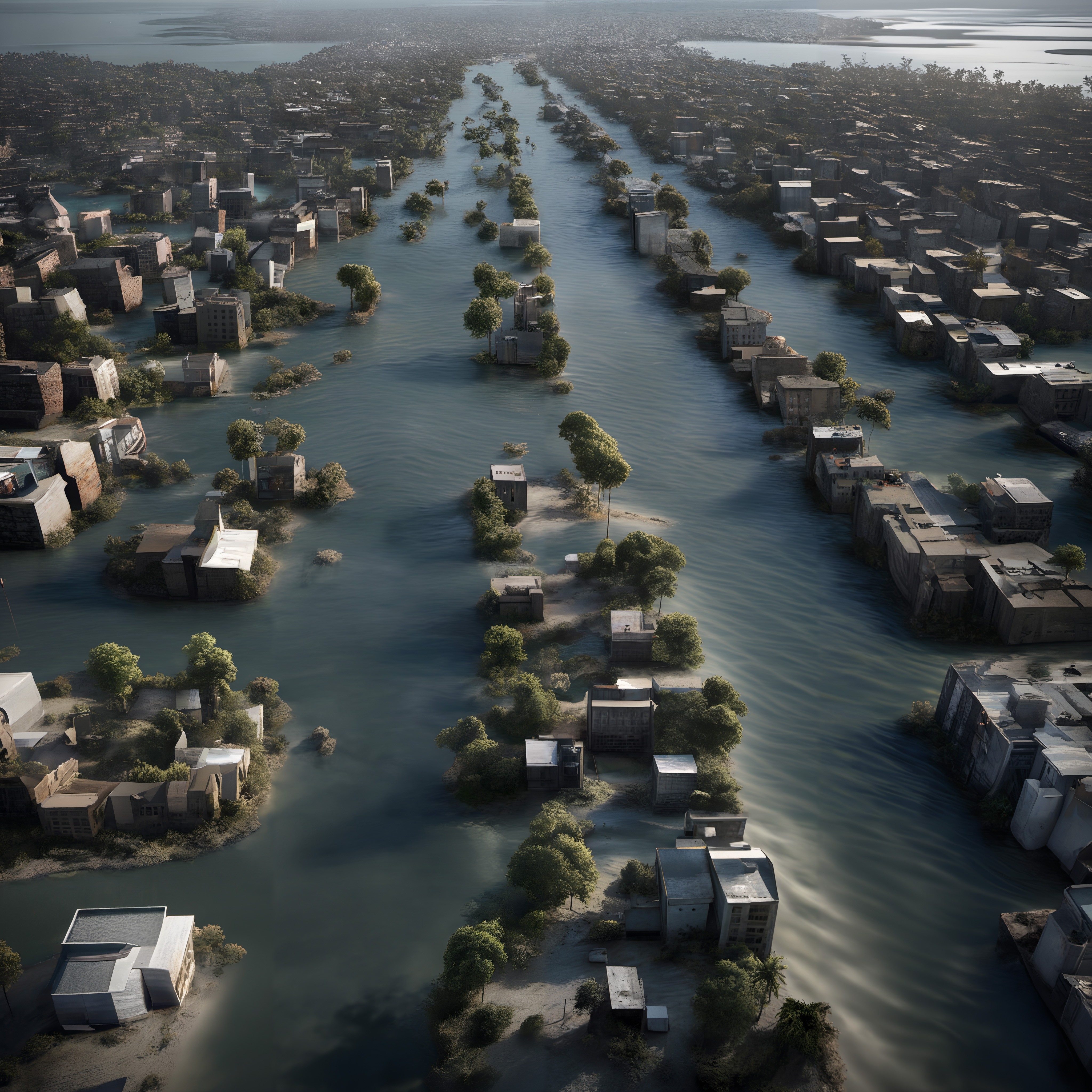 An aerial view of a city submerged in water, showcasing buildings and trees emerging through flooded streets under sunlight.