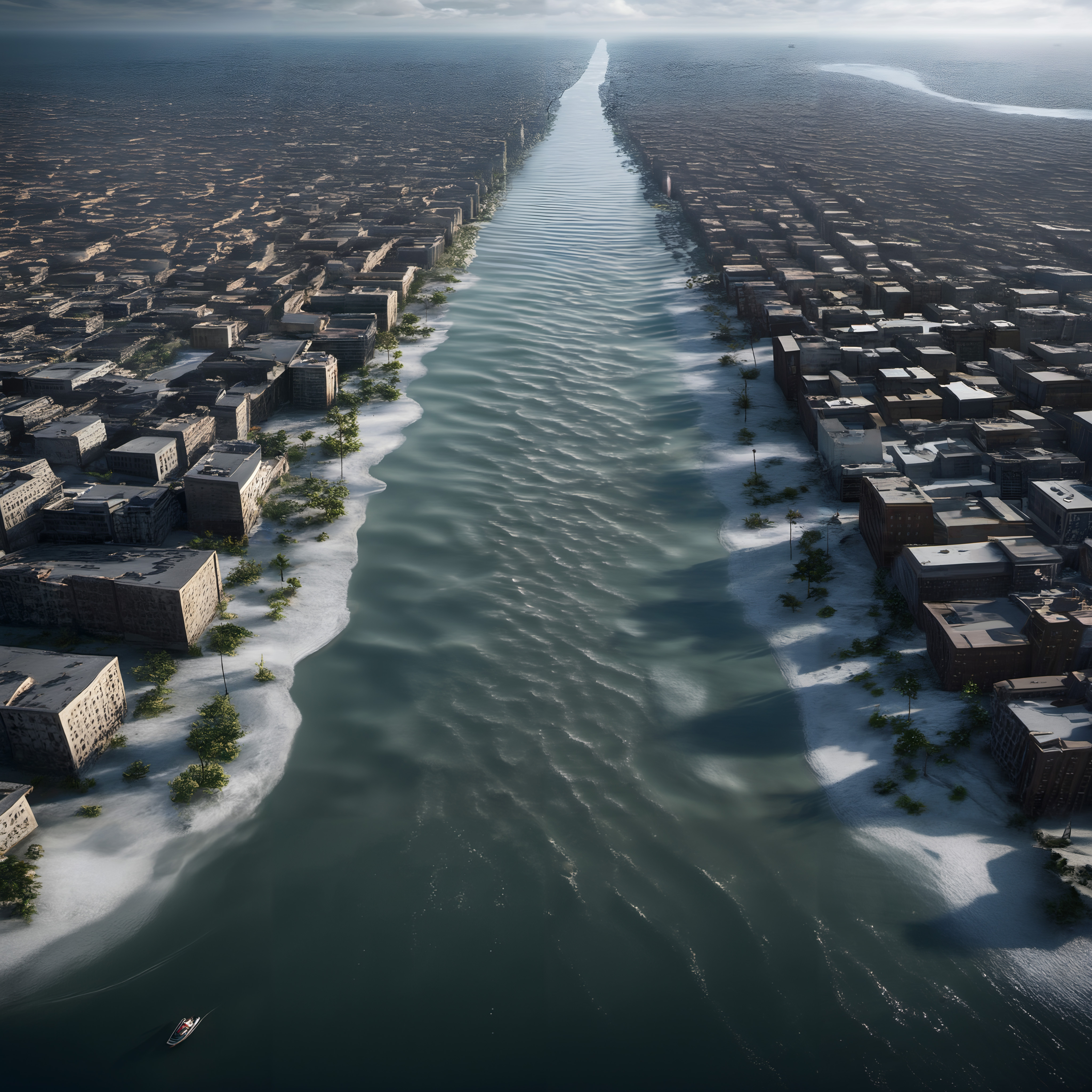 Aerial view of a city bisected by a river under an overcast sky.