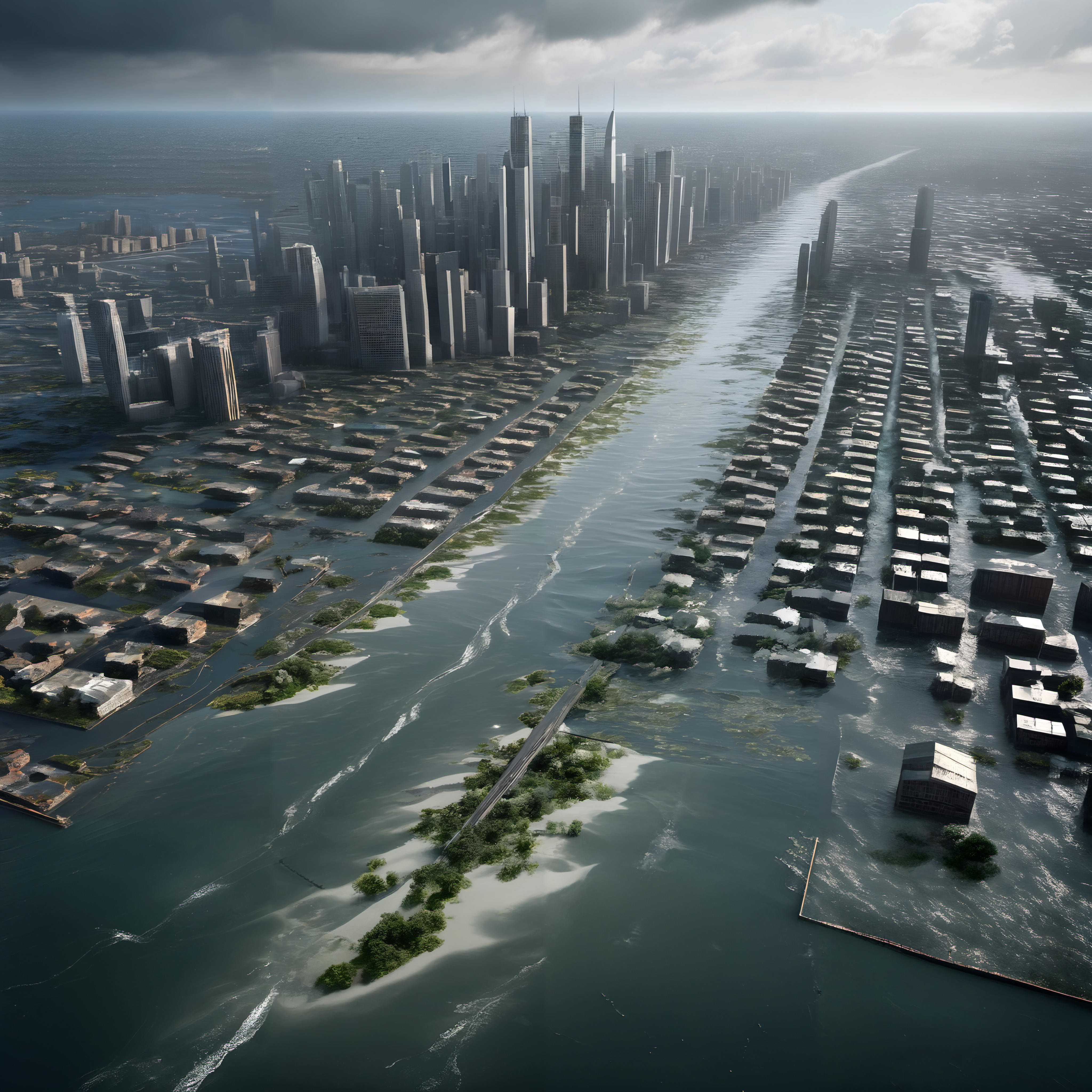 A modern city partially submerged in water with towering skyscrapers against stormy skies.