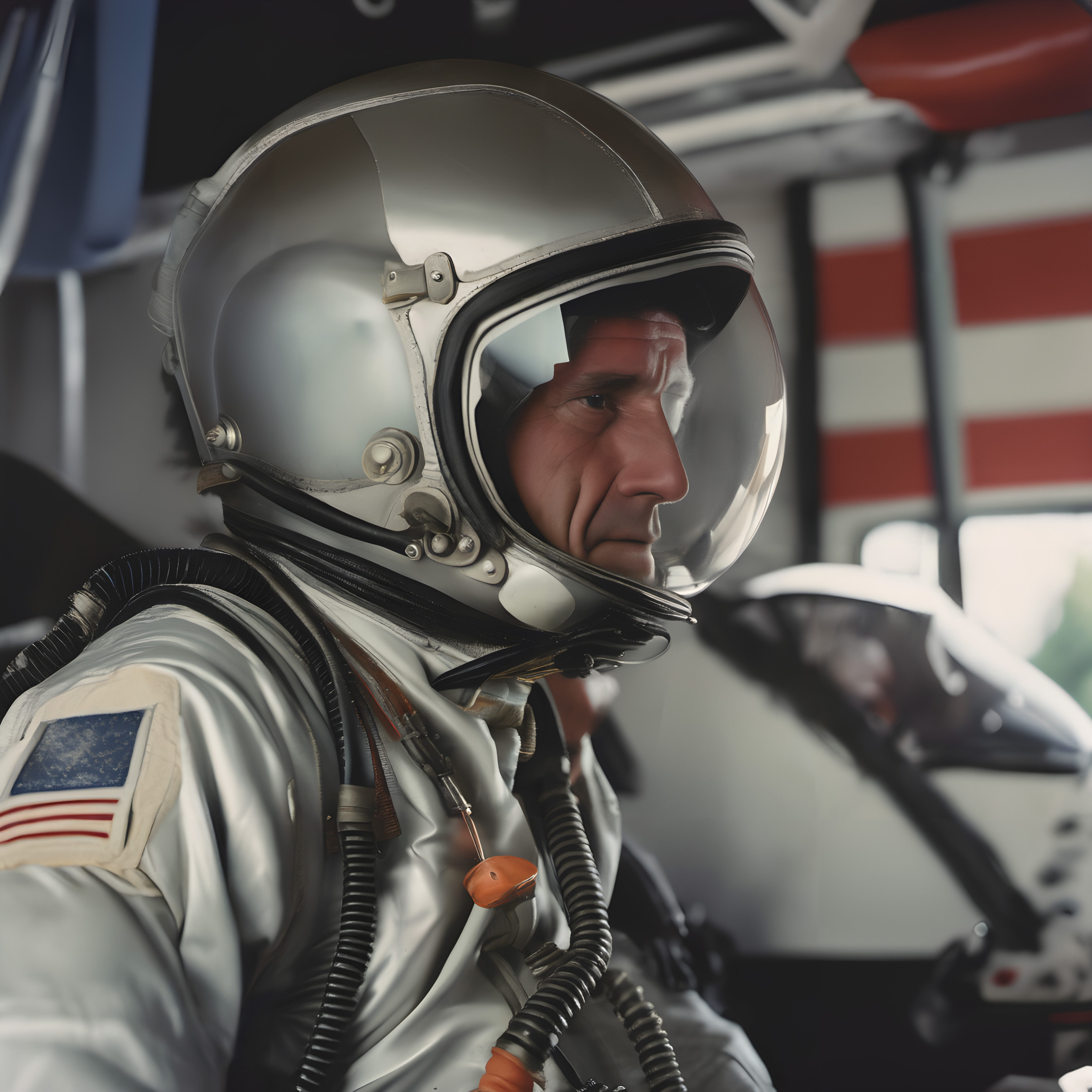 Astronaut in a spacecraft wearing a classic space suit with helmet and American flag patch on sleeve preparing for a mission.