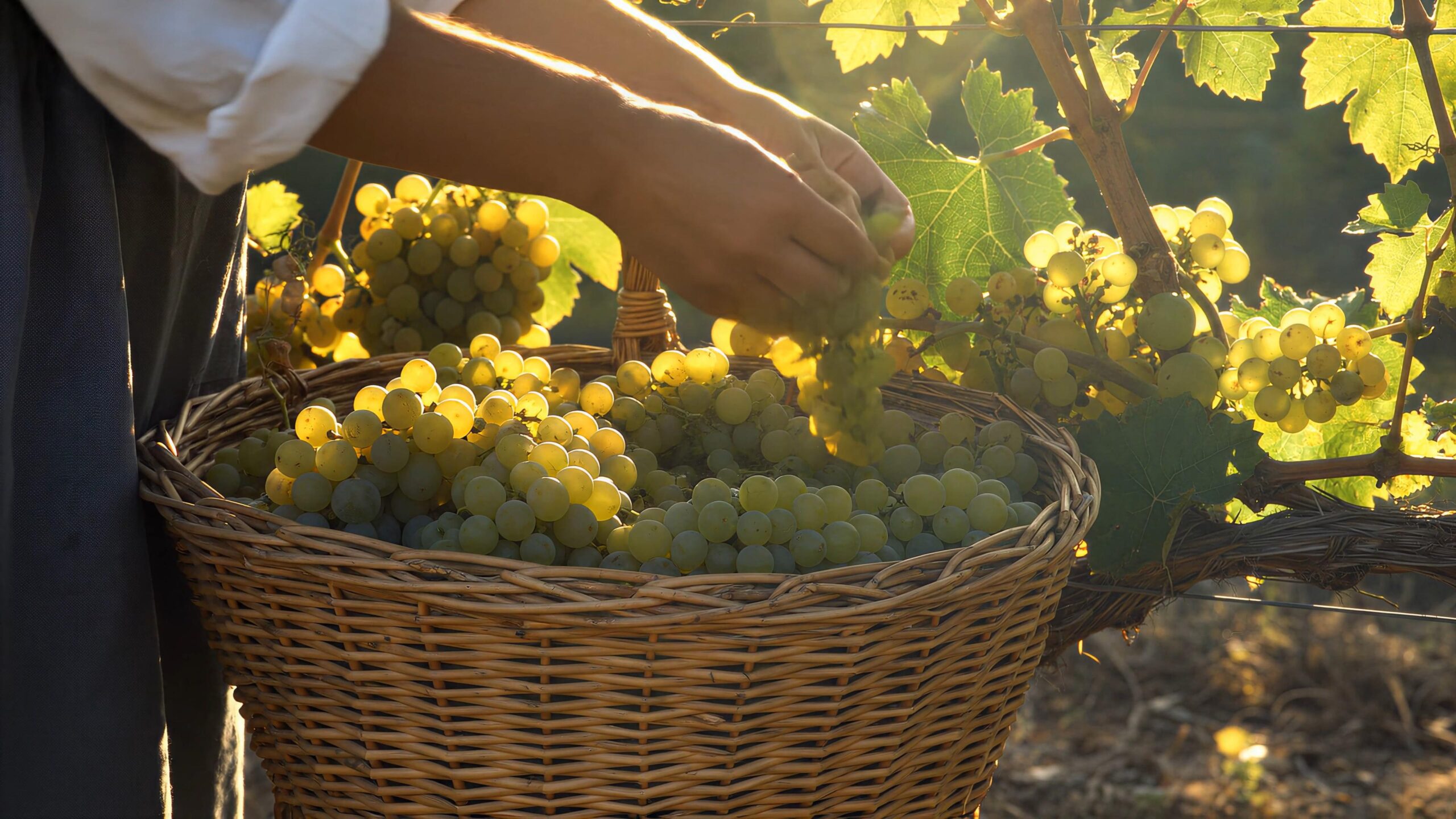 Hands harvest ripe green grapes into a basket from the vine.