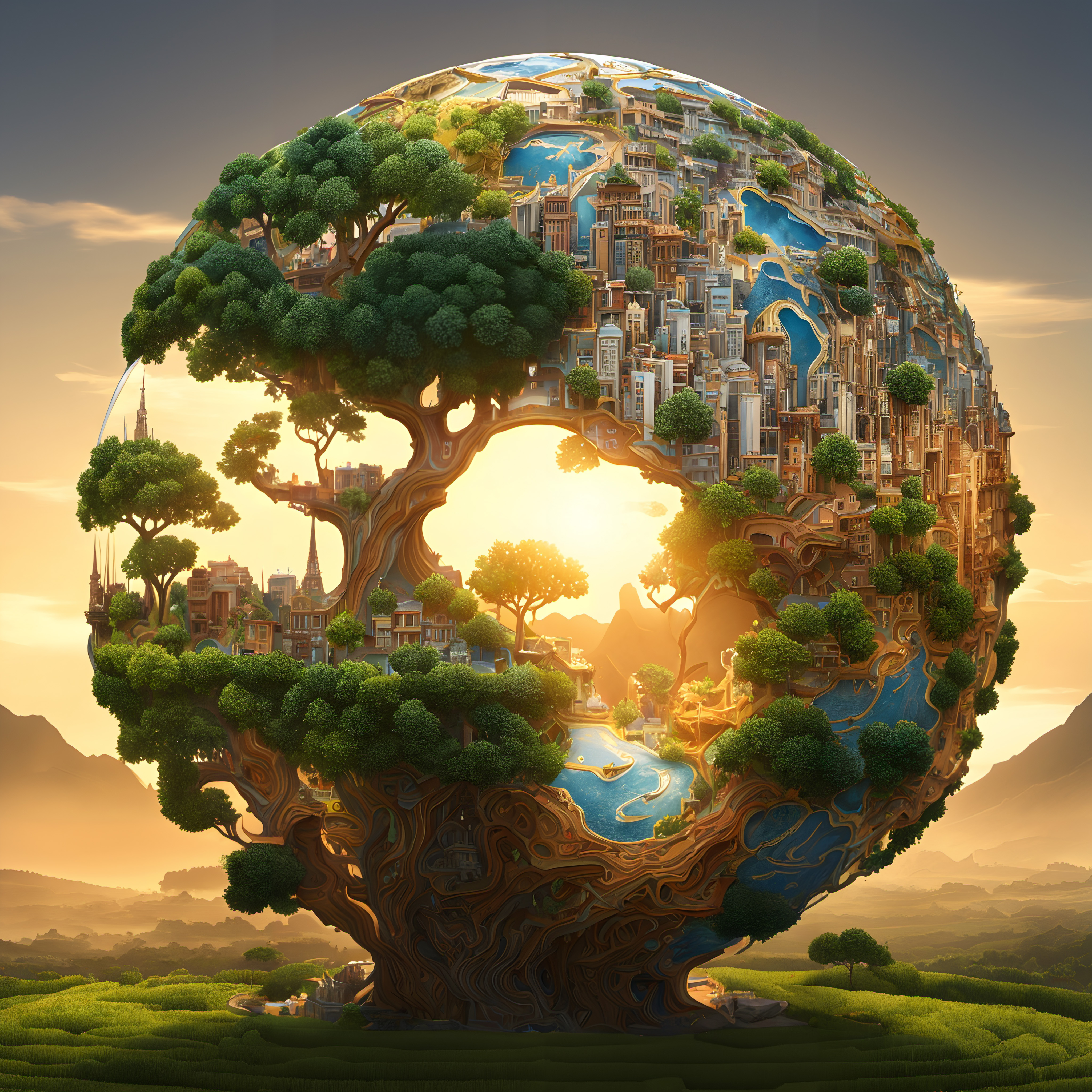 A harmonious blend of nature and cityscape on a spherical structure bathed in sunset light.