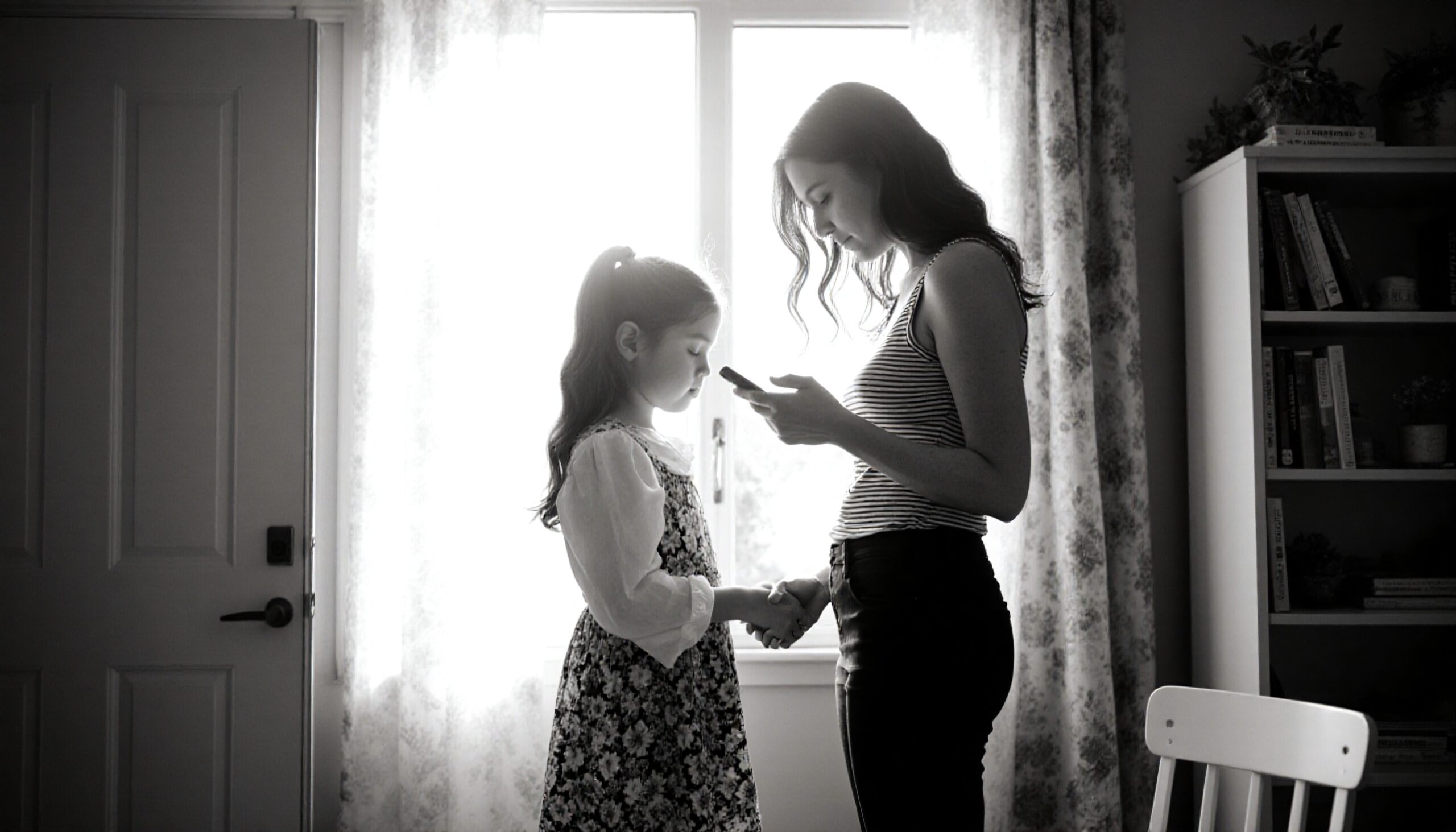 A woman and girl share a moment holding hands by a window in a calm, warmly lit room.