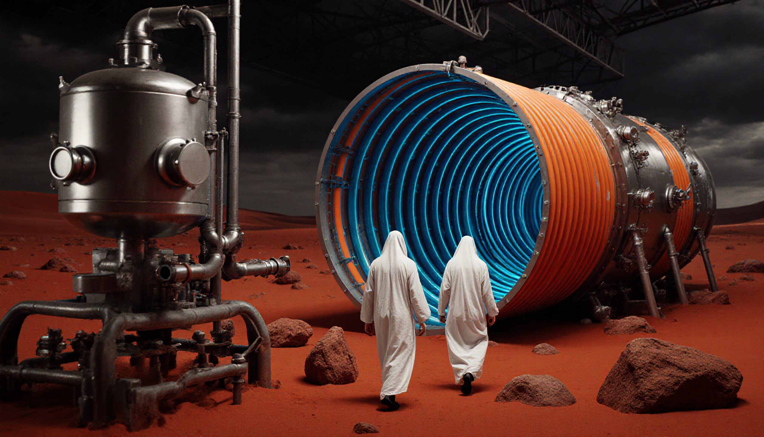 Two figures enter futuristic tunnel on Mars-like terrain, evoking exploration and mystery.