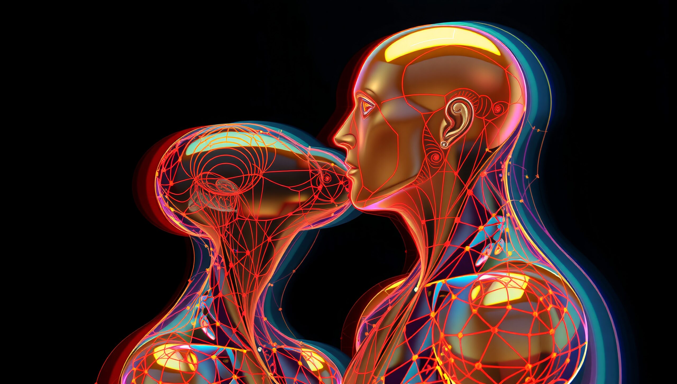 Abstract humanoid figures with luminous circuitry representing a futuristic connection.