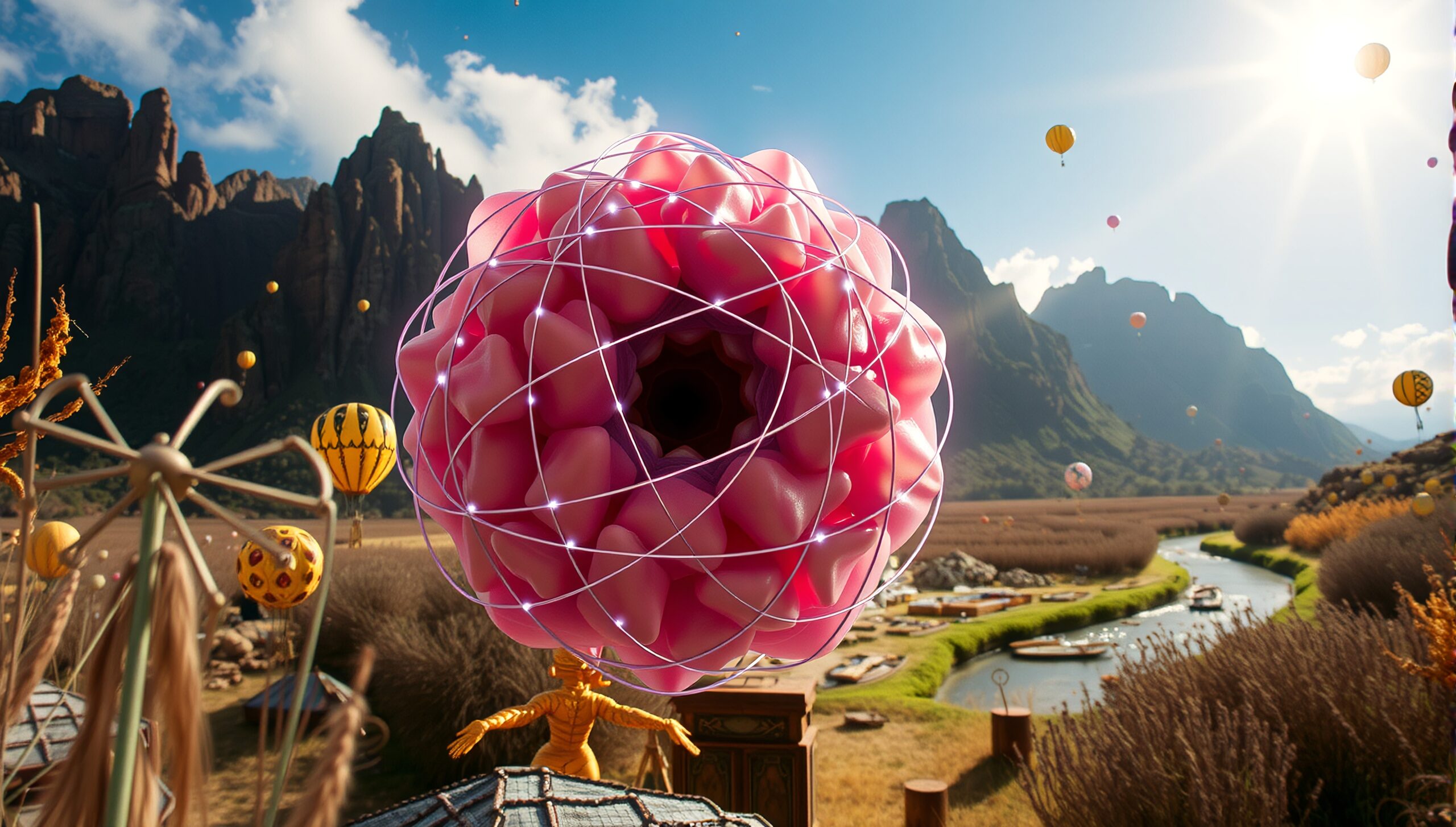 A surreal landscape featuring a pink geometric structure, hot air balloons, and distant mountains under a bright blue sky.