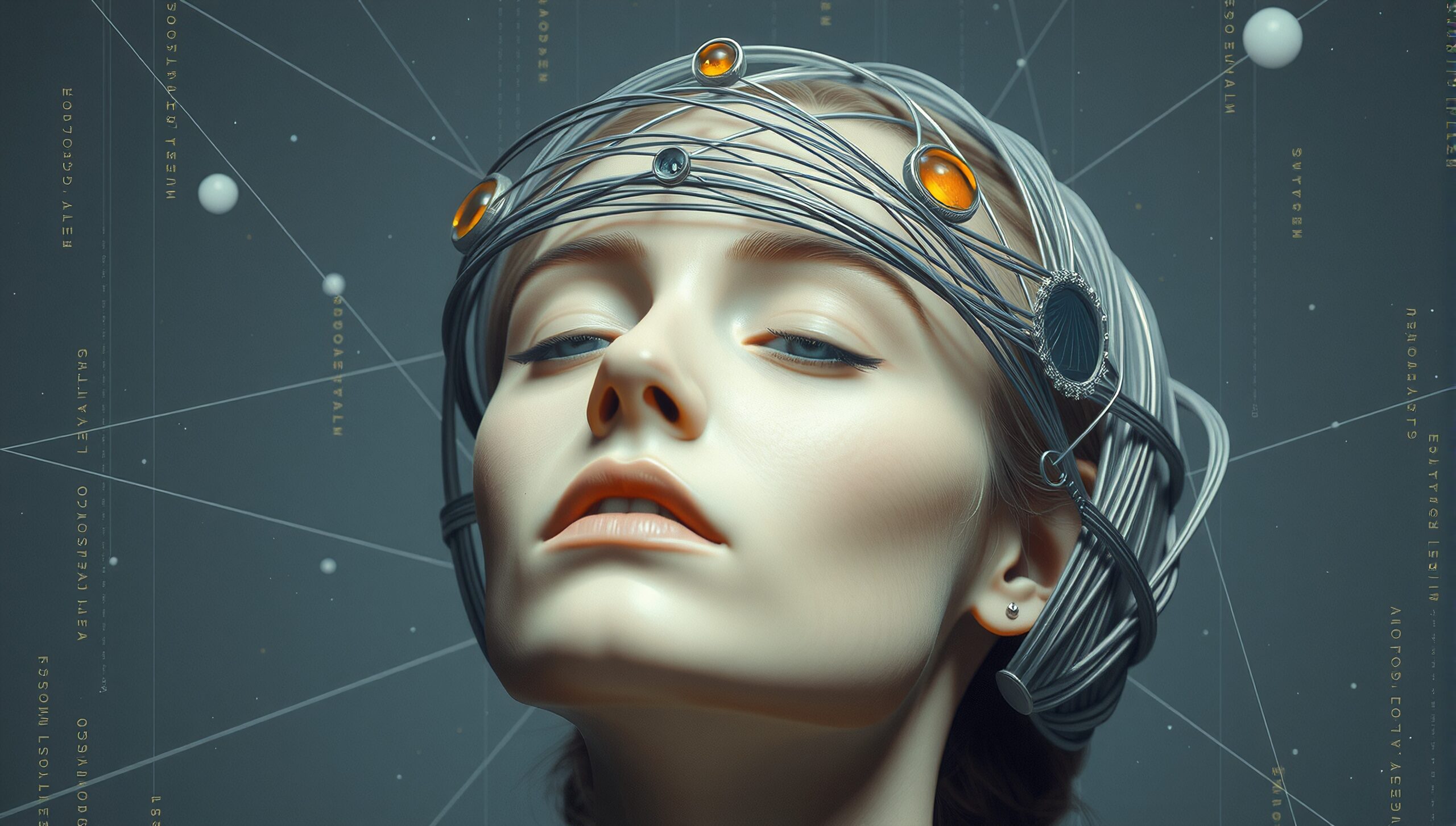 Futuristic woman wearing a high-tech headpiece with cosmic motifs.