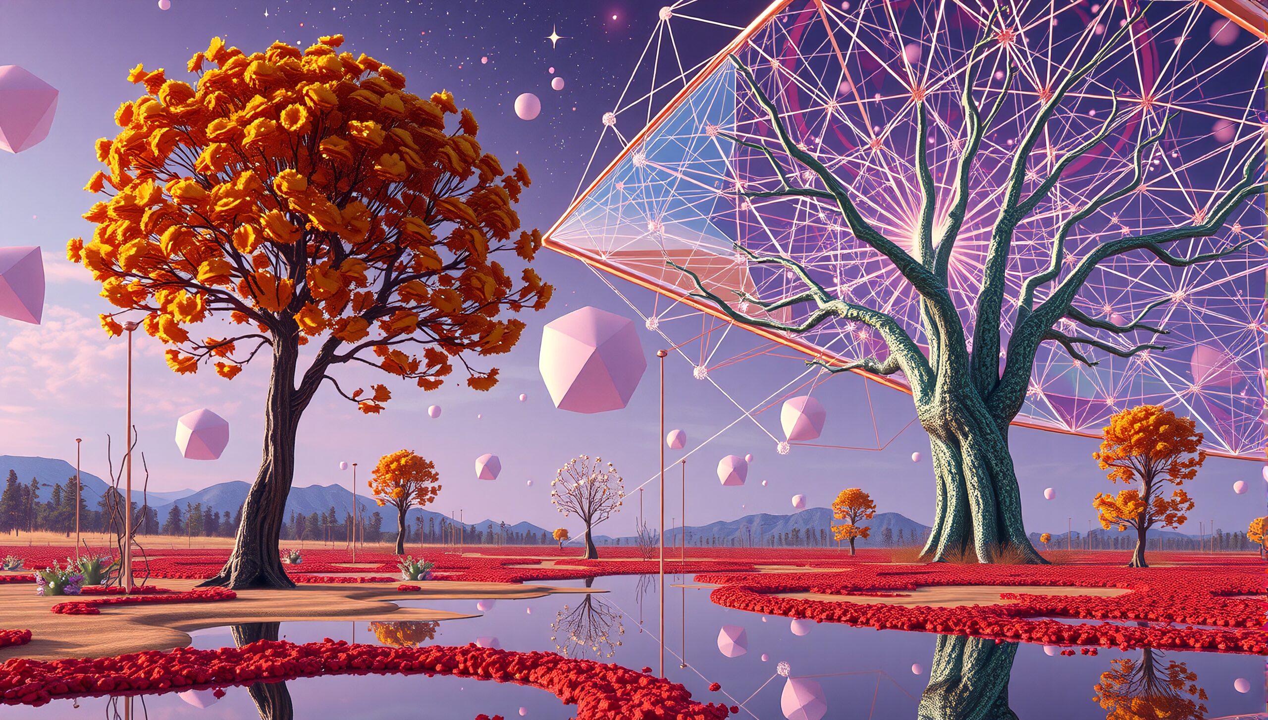 A surreal landscape blends orange trees with geometric structures, featuring vibrant colors and floating shapes in a reflective setting.
