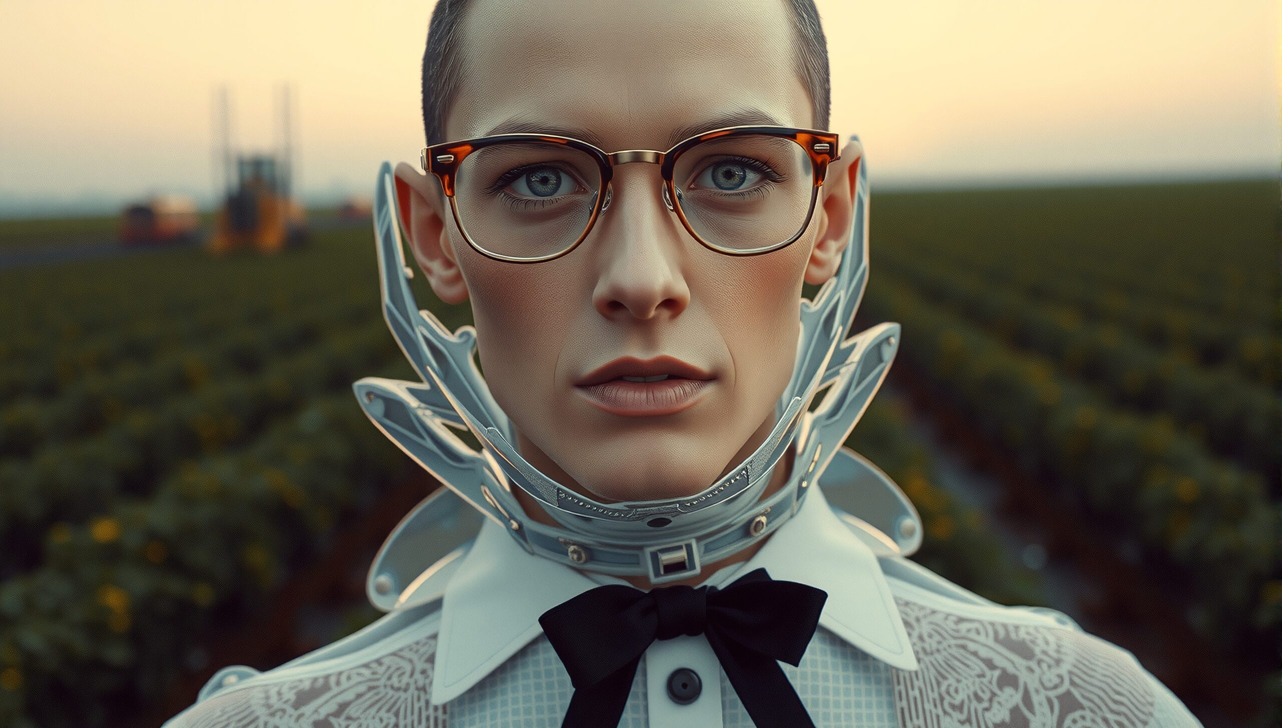 A person wearing a futuristic collar and vintage glasses stands against a field at sunset.