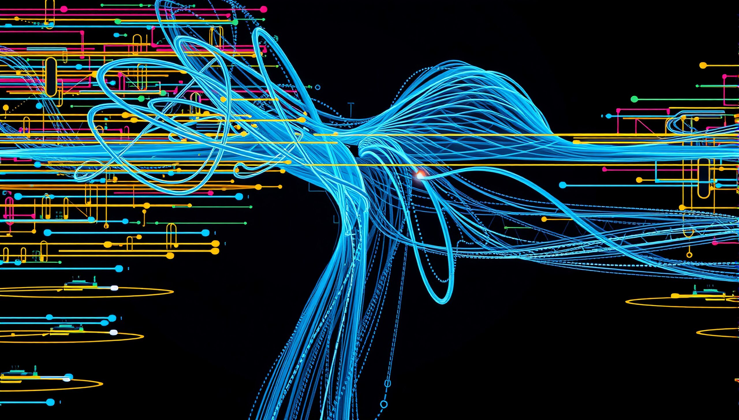 Abstract digital artwork depicting vibrant lines and circles in interconnected patterns against a black background.