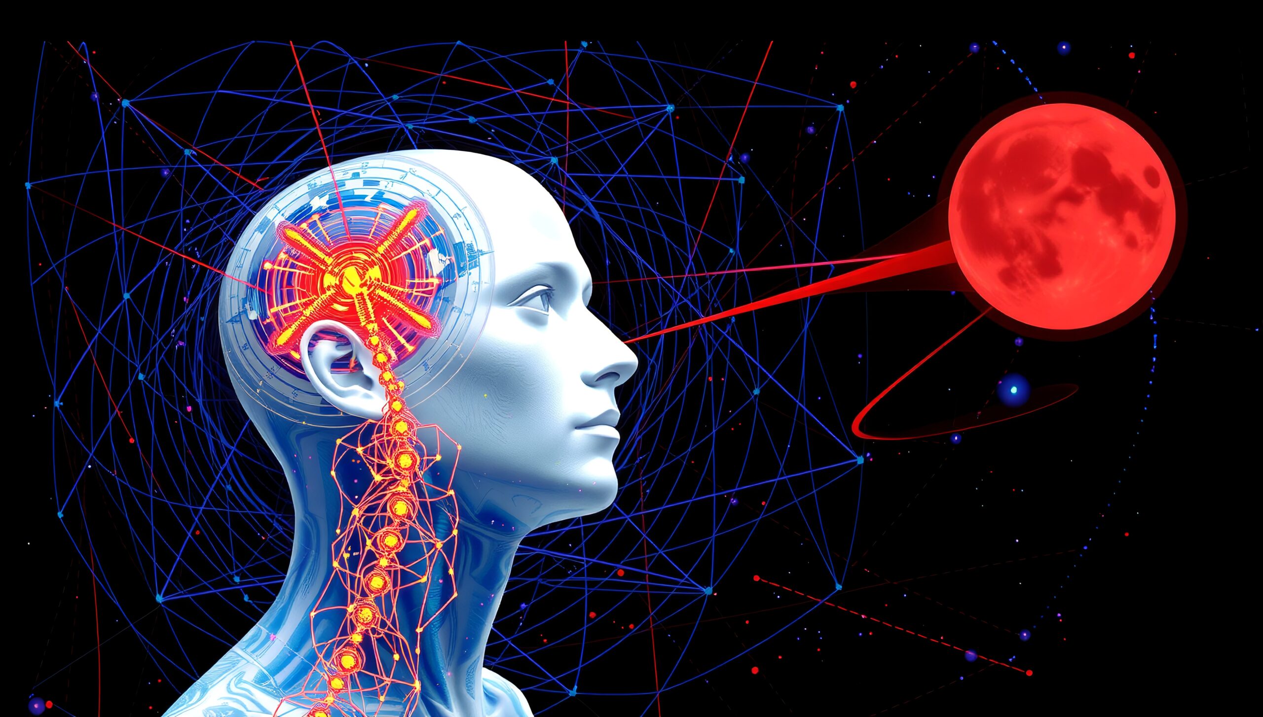 A blue humanoid figure with visible circuitry connects to a red sphere through a beam, symbolizing futuristic neural networks.