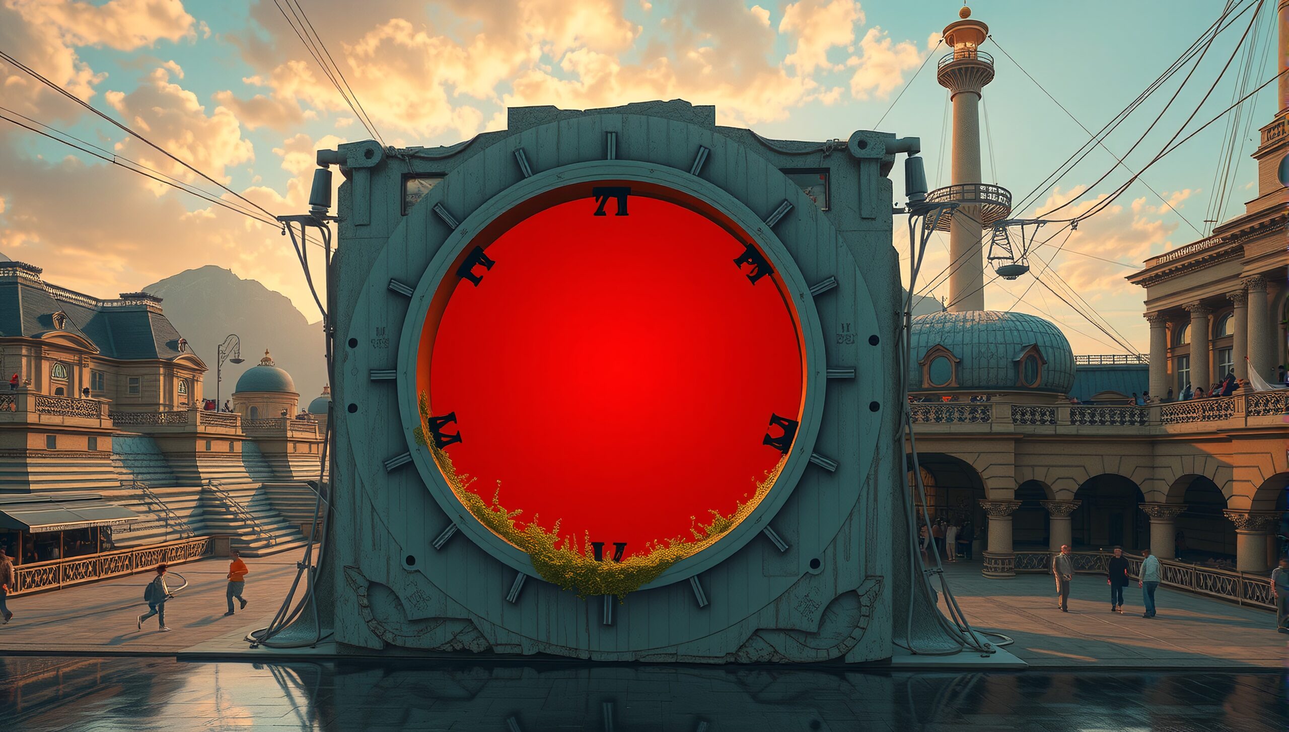A colossal structure with a red center resembling a clock tower dominates a picturesque town square under a vibrant sky, with mountains looming in the background.
