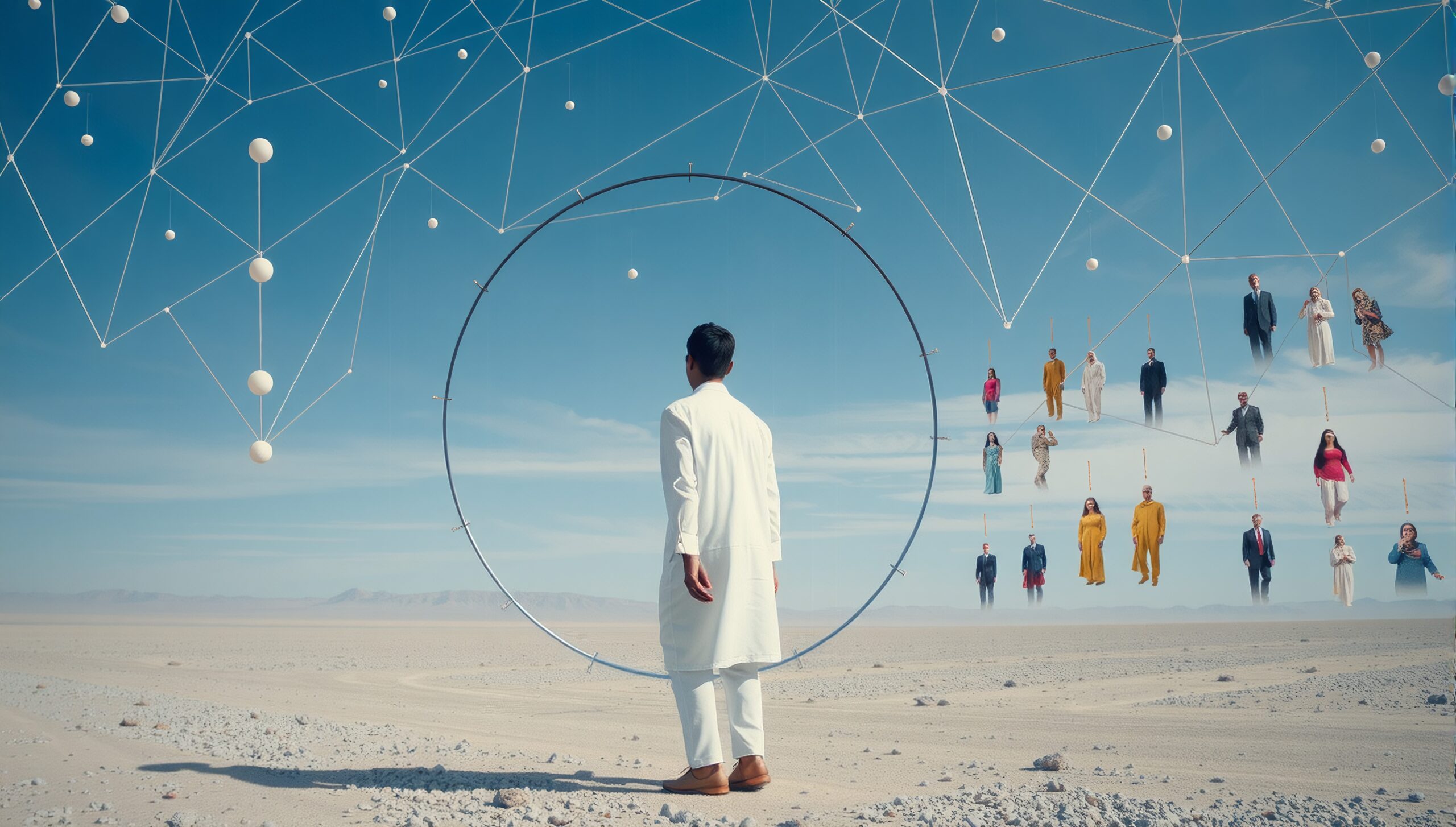 A man in white faces a large circular structure in a barren desert, under a geometric network of lines and spheres, with various floating figures in colorful attire nearby.