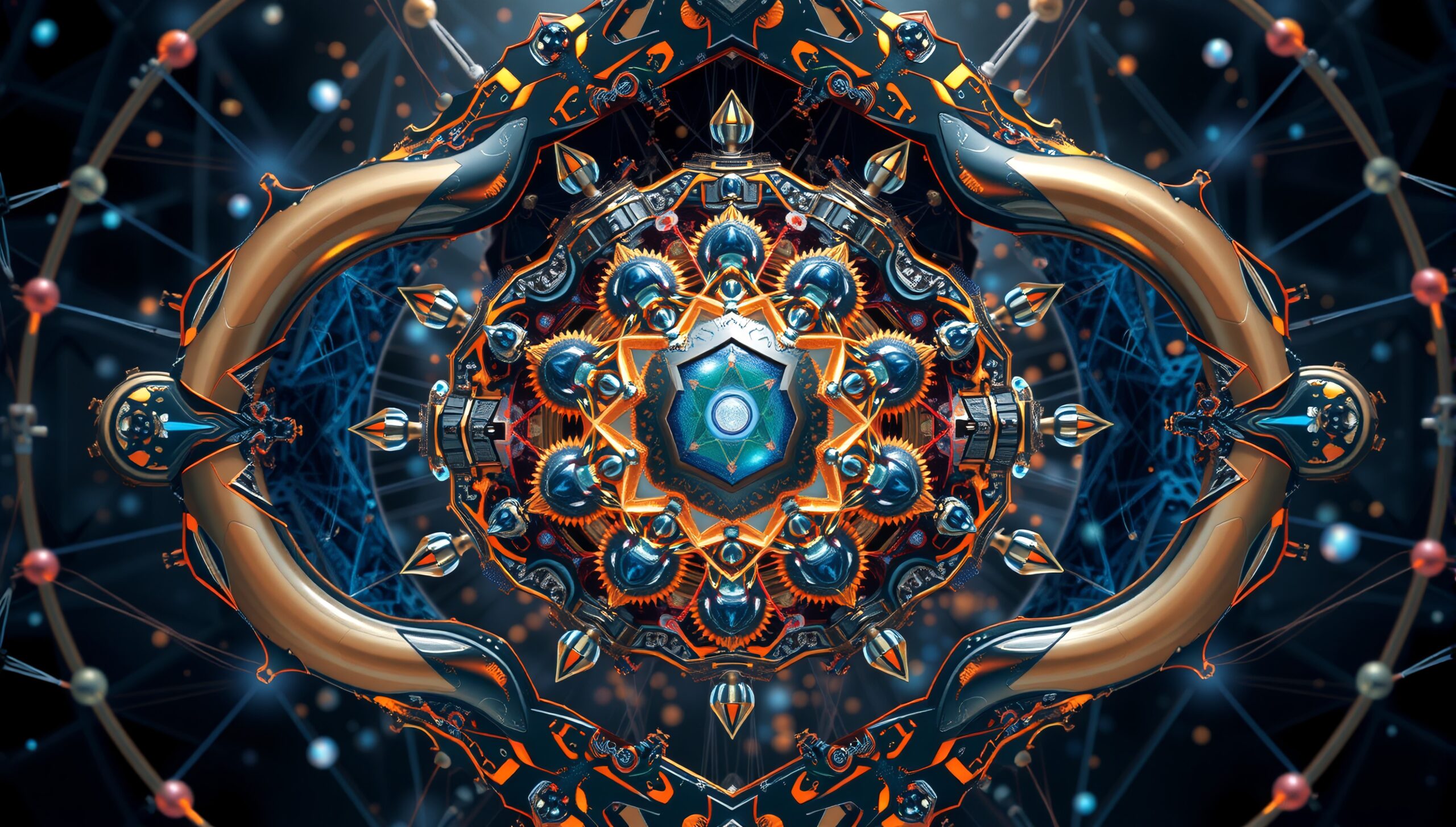A vibrant digital mandala with geometric, mechanical designs in orange, blue, and silver, set against a networked background.