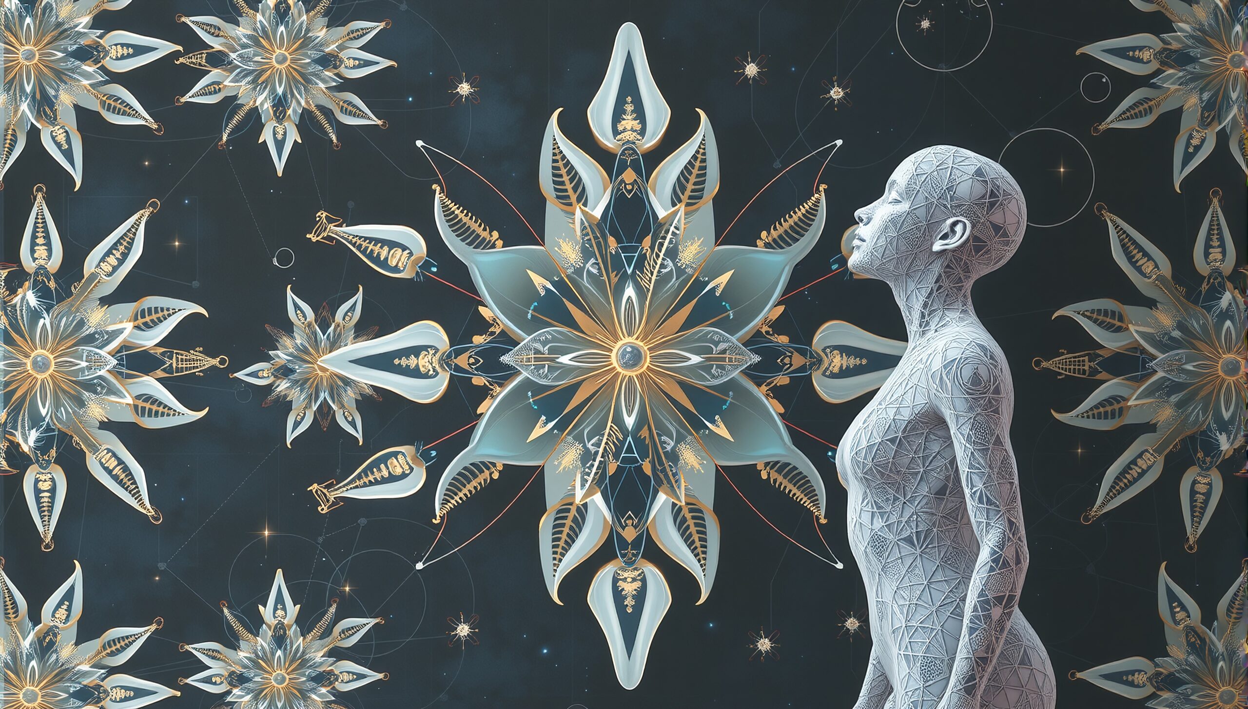 Futuristic humanoid with symmetrical geometric pattern background.