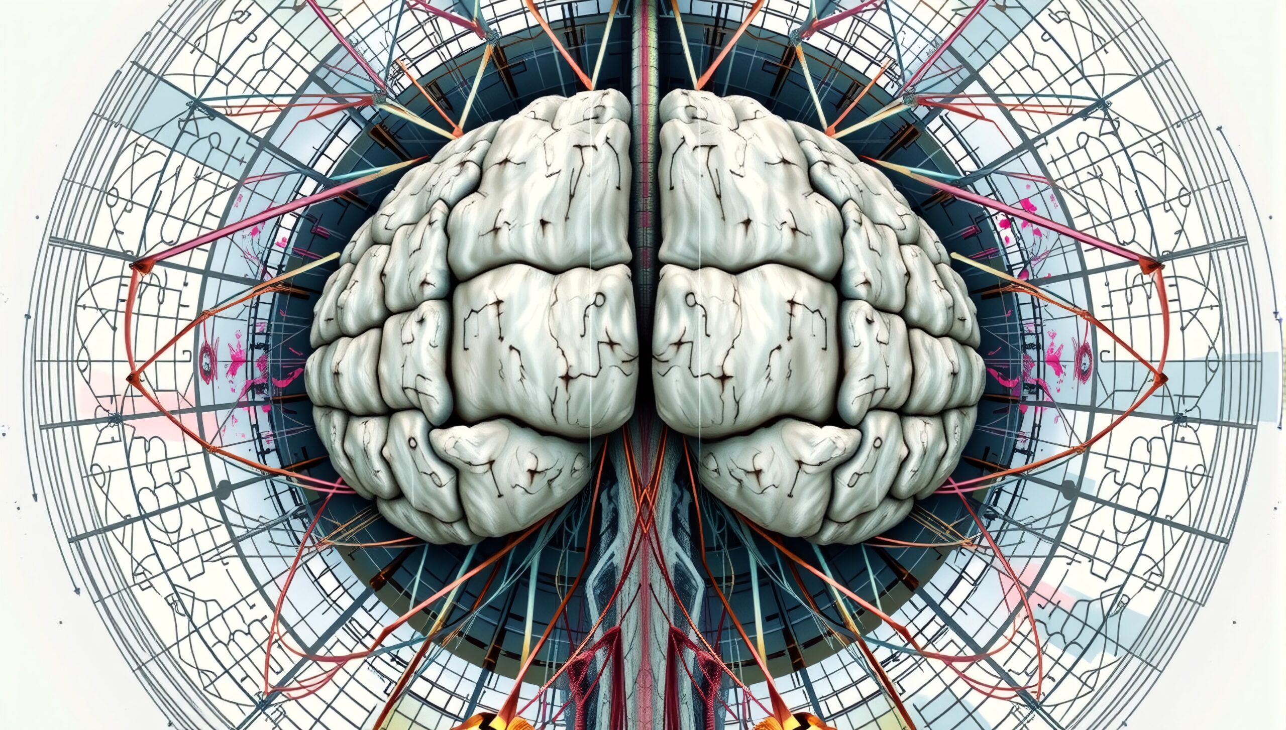 Artistic illustration of a futuristic human brain surrounded by colorful networks and geometric designs.