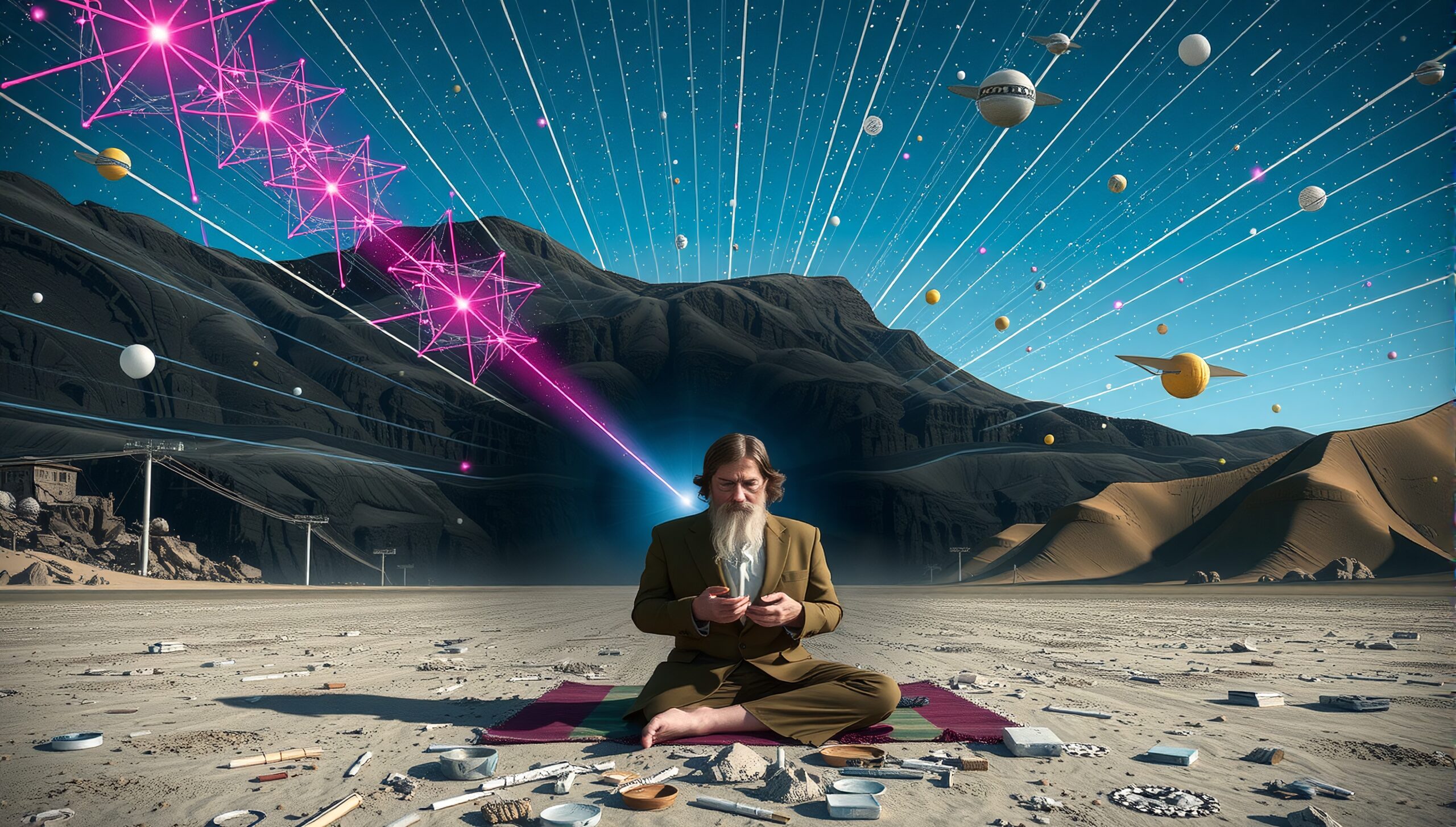 A man meditates among cosmic shapes in a desert landscape.