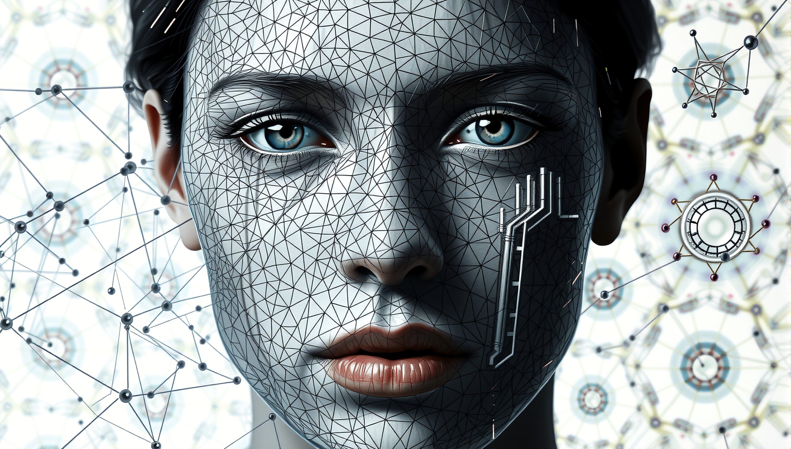 A detailed portrayal of a futuristic, geometric-patterned face blending human and technology elements.