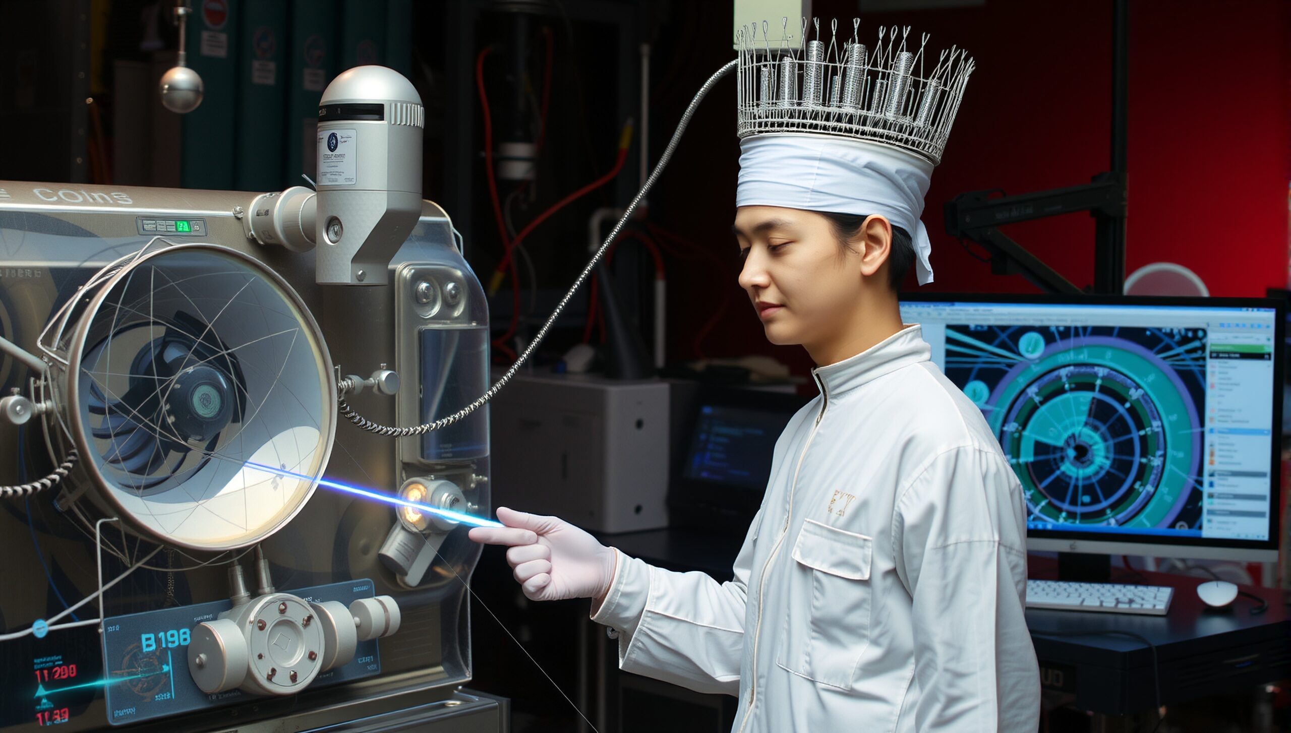 A person interacts with futuristic lab equipment, wearing unique headgear and gloves, under a sci-fi atmosphere.